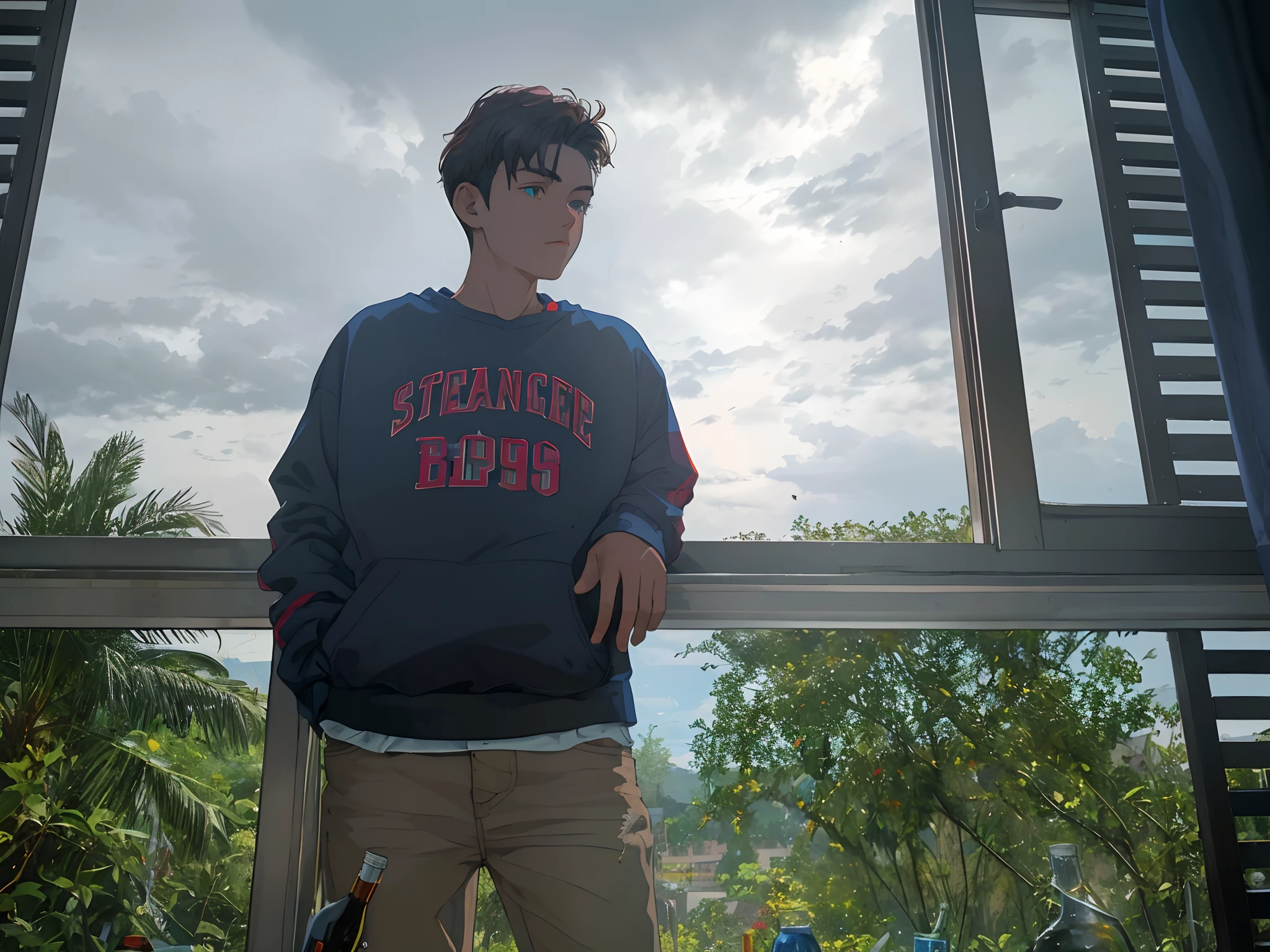 masterpiece, best quality, 1990s \(style\) solo boy with dark brown hair, blue jacket with serene face, dark red sweatshirt jacket and black shirt, jeans fulfilled, 14 years old, teenager, shelf of a bar with bottles in the background,fix eyes