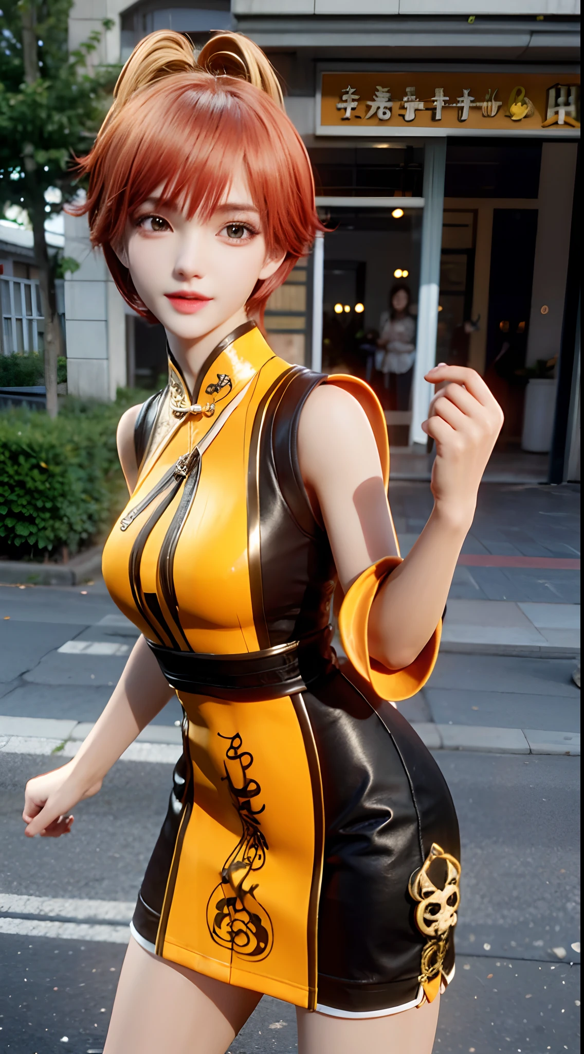 orange color hair,short detailed hair a short bob Beautiful breasts qipao dress ,Masterpiece,best qualtiy,