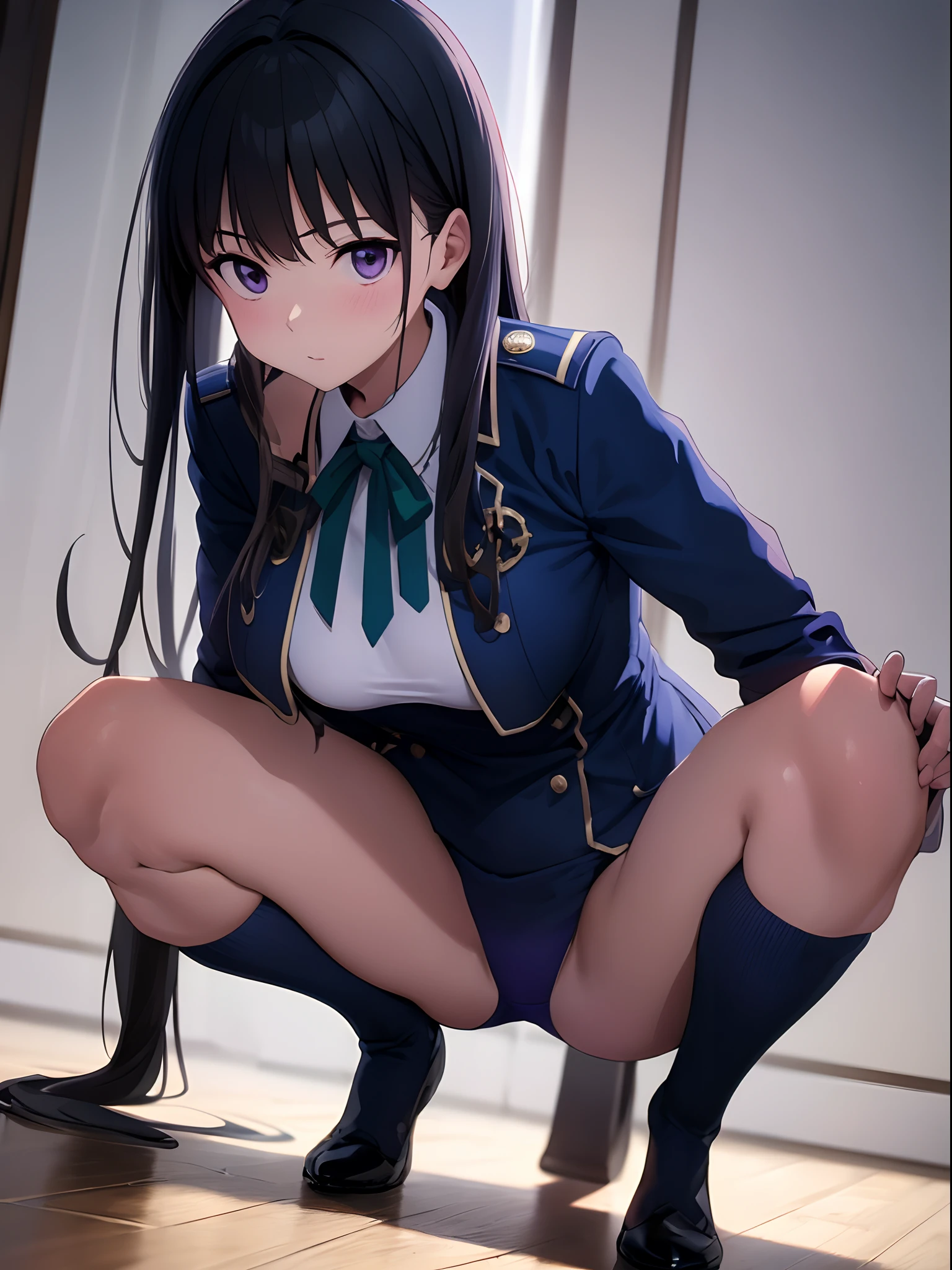 (R Solo:1.3)、(masterpiece)、((best qualtiy))、((ultra-detailliert))、(a high chroma)、(CG Illustration)、highcontrast、low angles、red blush、(Licory Recoil:1.3)、((Translucent navy blue uniform))、(White accents、Green Tie Ribbon)、White panties、、(Thick black tights)、(Purple anime-style eyes)、Delicate beautiful face、((teats)) 、(B cup breasts)、The best lighting、((turned around))、((Squatting with bent legs))、