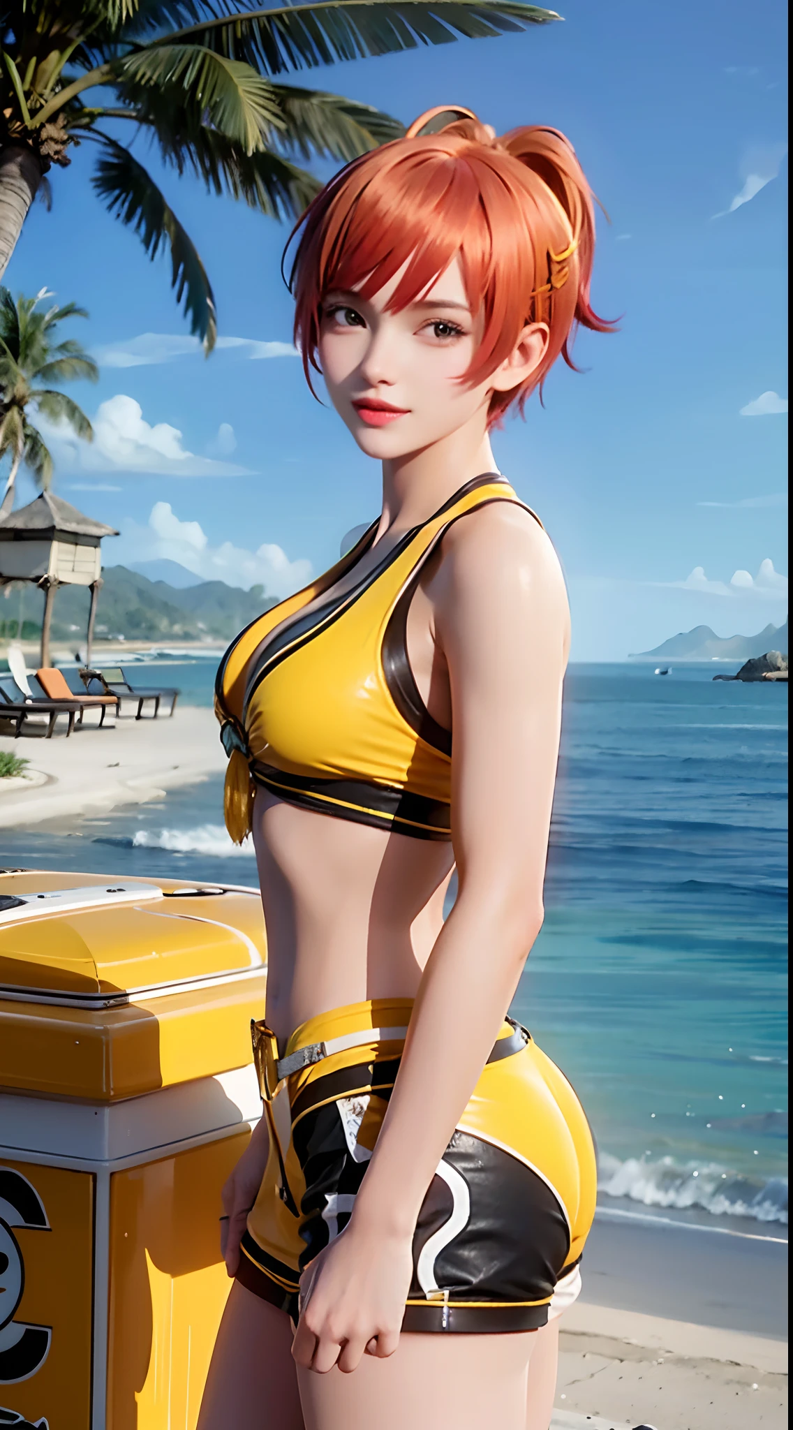 A girl, Orange hair,short detailed hair,ocean water,sea beach, (Yellow bikini: 1.6), palmeiras, Coconut Tree, Solo,best qualtiy,Masterpiece,Golden ratio composition