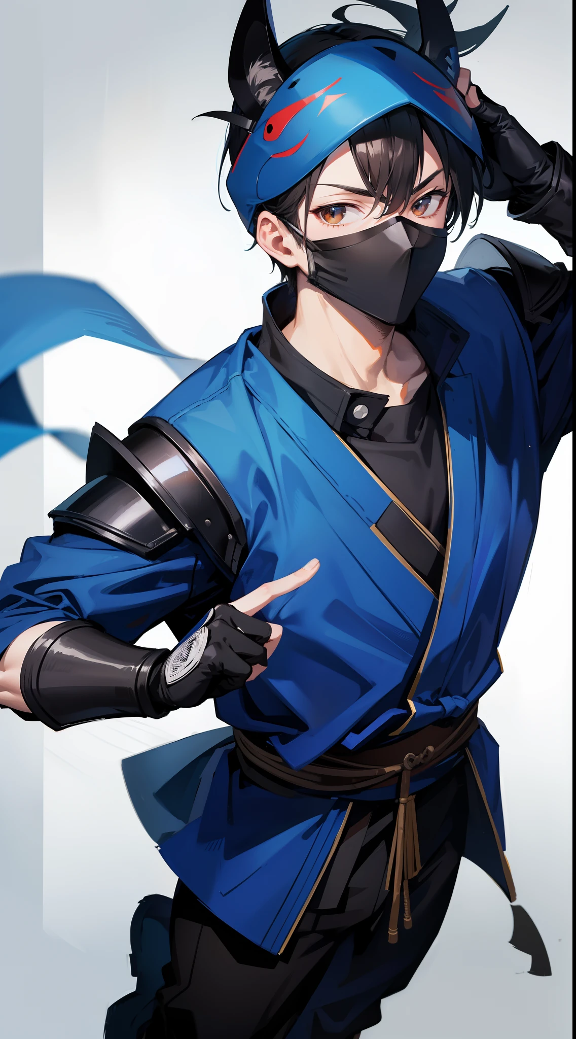 Grown-up guy, ninja, Blue shinobi uniform, Brown eyes, mask, Masterpiece, hiquality