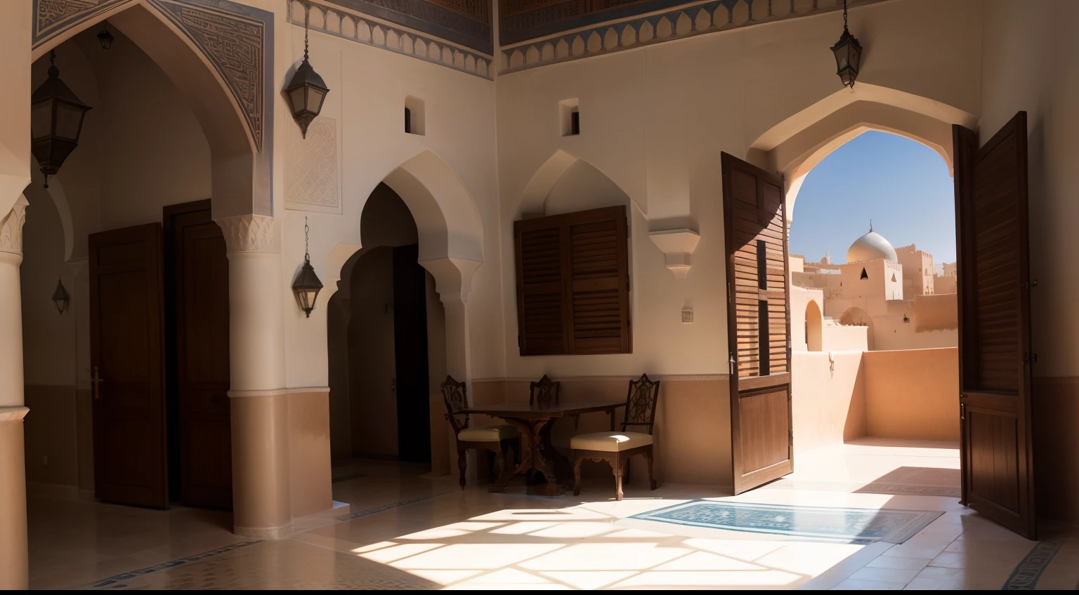 Medieval riad environnement marroquino hiper realista super detalhado Dynamic shot