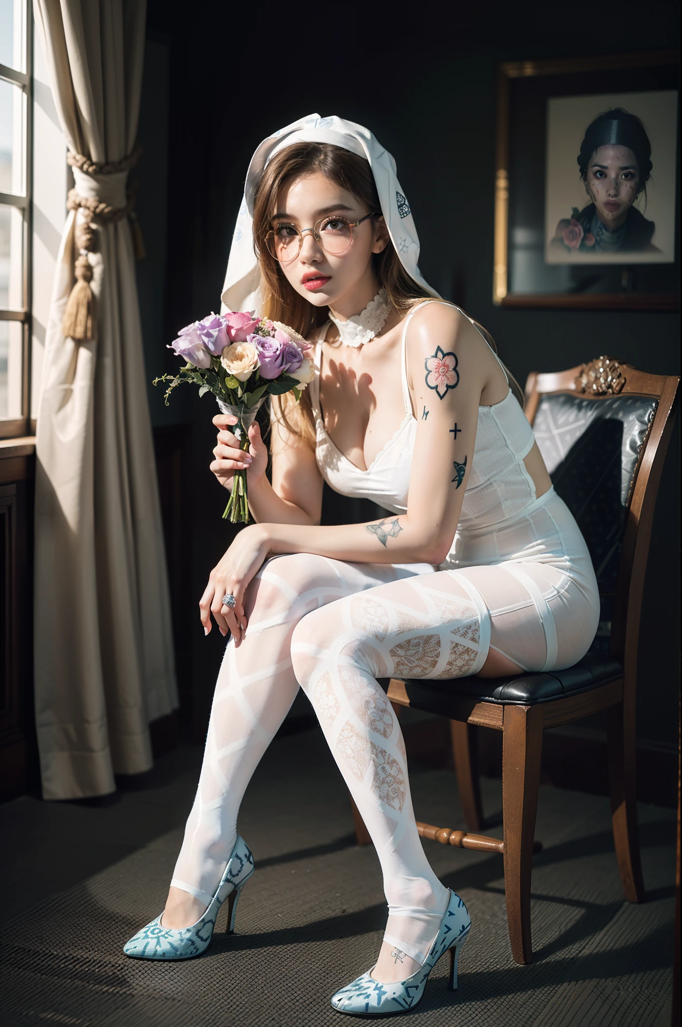 (full body:1.5),(((1girl)):1.3),(view the viewer:1.4),((anatomy correct):1.45),(((Sitting on the chair in the bedroom))):1.3),(she wears large glasses and Holding a bouquet of fresh flowers in his hand:1.2),(shy:1.15),((nun's set):1.2),(((((((Patterned)))))) ,((white pantyhose)):1.3),(((tattoo)):1.3),( Uniform high heels leather shoes with bows for female students:1.1),(Accurate and perfect face:1.3),((red-eyed blonde):1.2),hyper HD, Ray traching, reflective light, structurally correct, Award-Awarded, high detail, lighten shade contrast, Face lighting ,cinematic lighting, masterpiece, super detailing, high quality, high detail, best quality, 16k,High contrast,