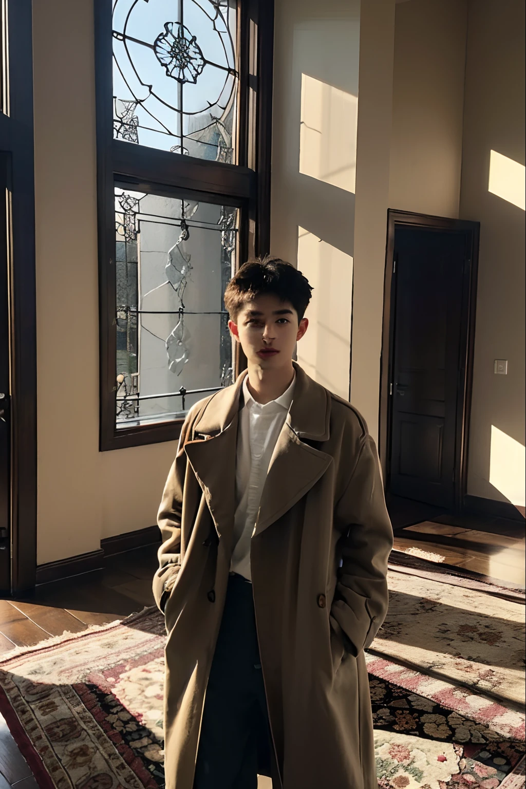 Best quality, Masterpiece, (Photorealistic:1.4), 1boy, Solo, Short hair, Big eyes, Coat,Long sleeves, ((Upper body)), Dramatic lighting, view the viewer, standing, Indoors, Living room, gauges, carpets, wooden floor, decorations, window, Sunshine