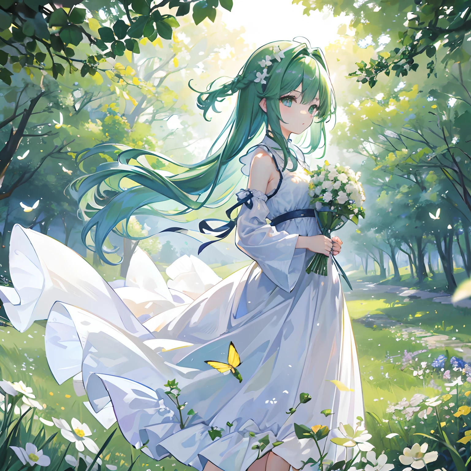 {1 girl, Solo,}Under a clear blue sky, A petite and cute girl,He wears a clover hair ornament on his head, Sparkling emerald green eyes, Long hair, There are braids on one side, Barefoot girl, Bare shoulders, Pupils shaped like clover, A gentle breeze brushed her cheeks, Her skirt and hair fluttered in the wind. (She stood on the clover grass, looks away), (Side view: 1.2), (Portrait: 1.2), Close-up Shot Shot,Cover style, (Create a peaceful and comfortable atmosphere), (Masterpiece), (Best quality), intricate face details, (8K illustration), Clear eyes, Holding a bouquet of clovers in his hand, Natural light, Light particles, Soft light, Bees and butterflies, (超高分辨率), (真实感), hdr, Ray tracing, Unreal Engine 5, Perspective view, Clear body contours, offcial art, Cinematic lightning, depth of fields, Bokeh, (Clover: 1.2), (Natural scenery), (2.5D illustration style), Illustrations, (Works by Claude Monet: 1.2)