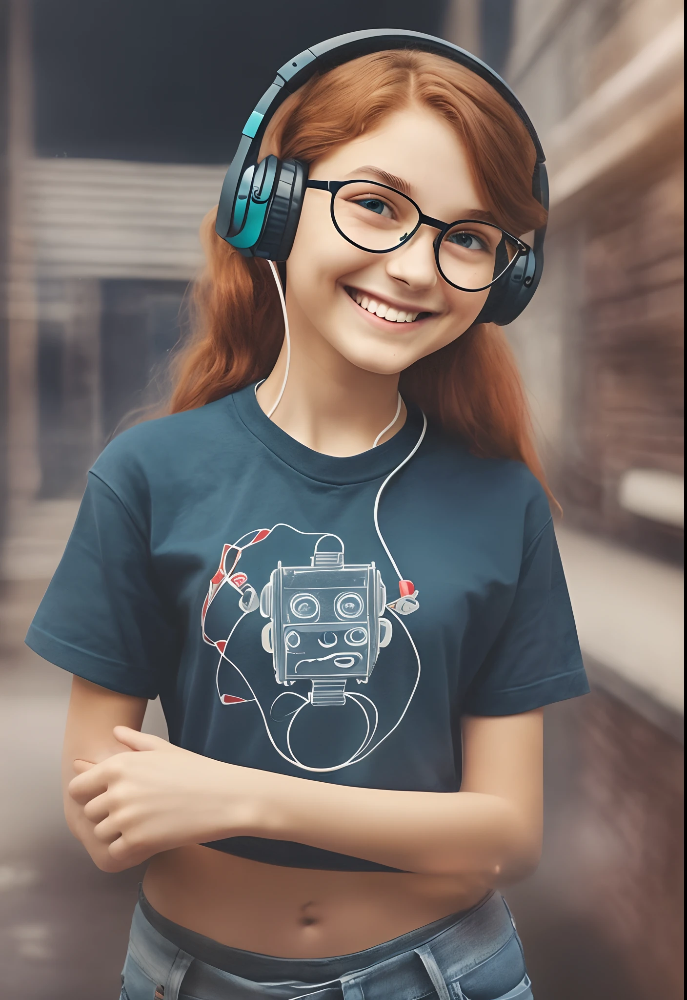 SeaArt Robot Txt2Img 11:21:31 masterpiece, best quality),1 16-year-old ager, wavy red hair, round glasses, smiling, black T-shirt, wide-mouthed jeans, hand on waist, headphones in ear, warm lighting, blurred foreground, posing for a self picture. --auto --s2