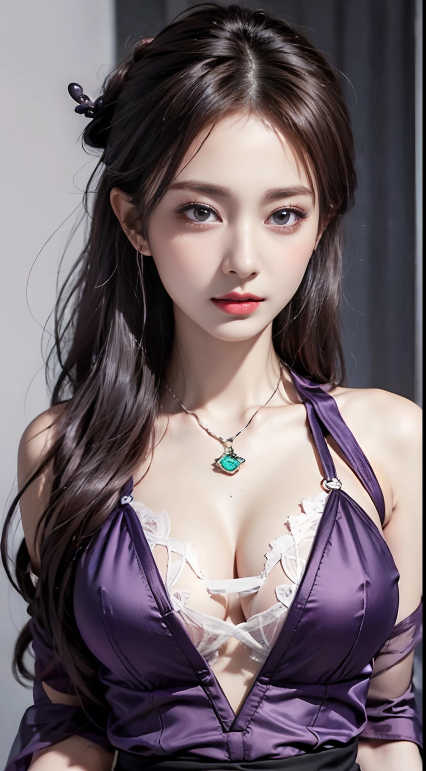 1 beautiful girl in Han costume, thin purple silk shirt with white color with many textures, white lace top, long platinum purple ponytail, Hair Jewelry, ear jewelry, Lilac color, necklace and necklace, meticulously drawn large purple eyes, meticulous makeup, Thin eyebrows, High Nose, lovely red lips, pursed lips, rosy cheeks, wide breasts, Big breasts , well-proportioned bust, Slim waist, purple mesh socks, chinese hanfu style, fictitious art textures, vivid and realistic colors, RAW Photos, Realistic Photos, ultra high quality 8k surreal photos, (effective fantasy light effect: 1.8), 10x pixel, magical effect (Background): 1.8), ultradetailed eyes, girl body portrait, ancient hanfu background,