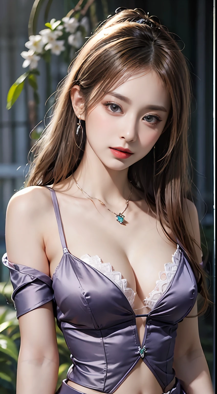 1 beautiful girl in Han costume, thin purple silk shirt with white color with many textures, white lace top, long platinum purple ponytail, Hair Jewelry, ear jewelry, Lilac color, necklace and necklace, meticulously drawn large purple eyes, meticulous makeup, Thin eyebrows, High Nose, lovely red lips, pursed lips, rosy cheeks, wide breasts, Big breasts , well-proportioned bust, Slim waist, purple mesh socks, chinese hanfu style, fictitious art textures, vivid and realistic colors, RAW Photos, Realistic Photos, ultra high quality 8k surreal photos, (effective fantasy light effect: 1.8), 10x pixel, magical effect (Background): 1.8), ultradetailed eyes, girl body portrait, ancient hanfu background,