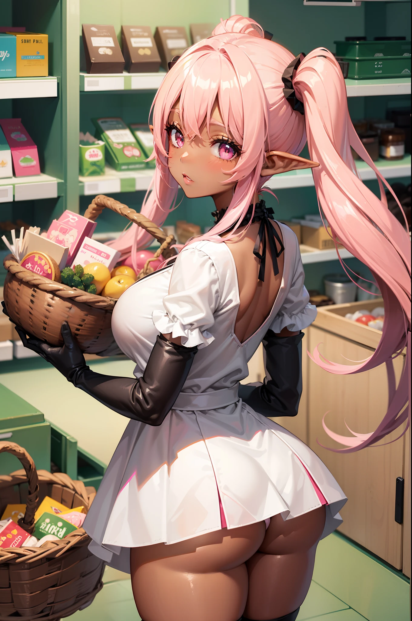 one girl, (dark skin++), pointy elf ears, pink hair, twintails, pretty face, pink eyes, cute top, big boobs, mini lace skirt, holding cute shopping basket, reaching up shelf, (grocery shopping), pink short gloves, thick thighs, from behind, big ass, back turned away from viewer