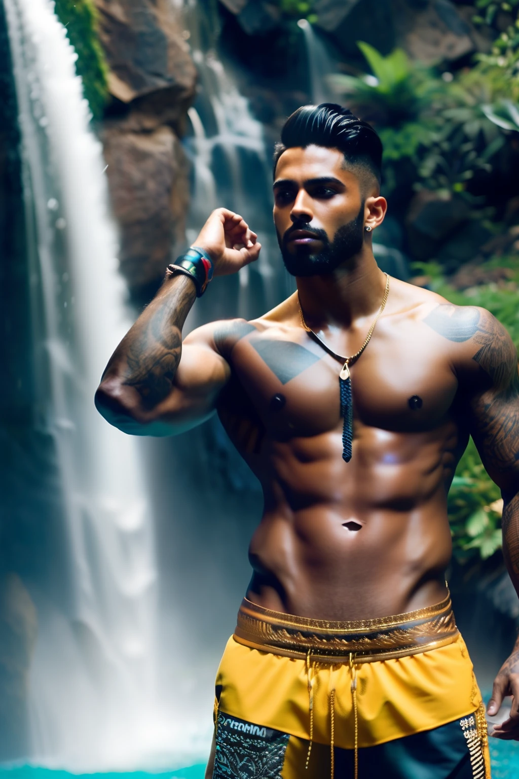 fking_scifi, fking_scifi_v2, portrait of a young, muscular extremely handsome and attractive Brazilian male model, in front of a waterfall, short windy hair, hairy tattooed body, colorful clothing and golden jewelry, close up, regal pose and attitude. fking_cinema_v2.