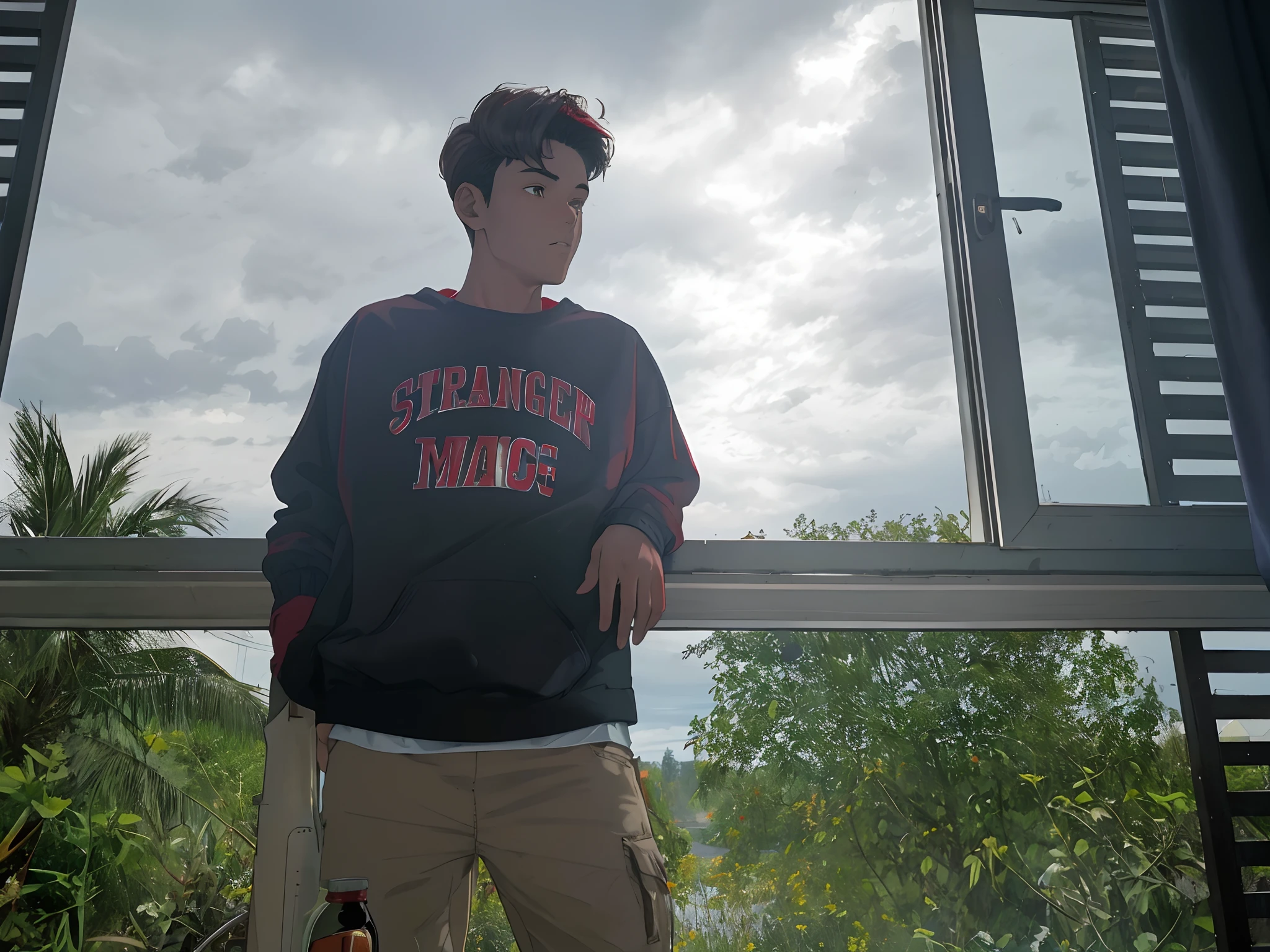 masterpiece, best quality, 1990s \(style\) Solo boy with dark brown hair, red jacket and serene face, dark red sweatshirt jacket and black shirt, , teenager, (bottles in the background in the picture)