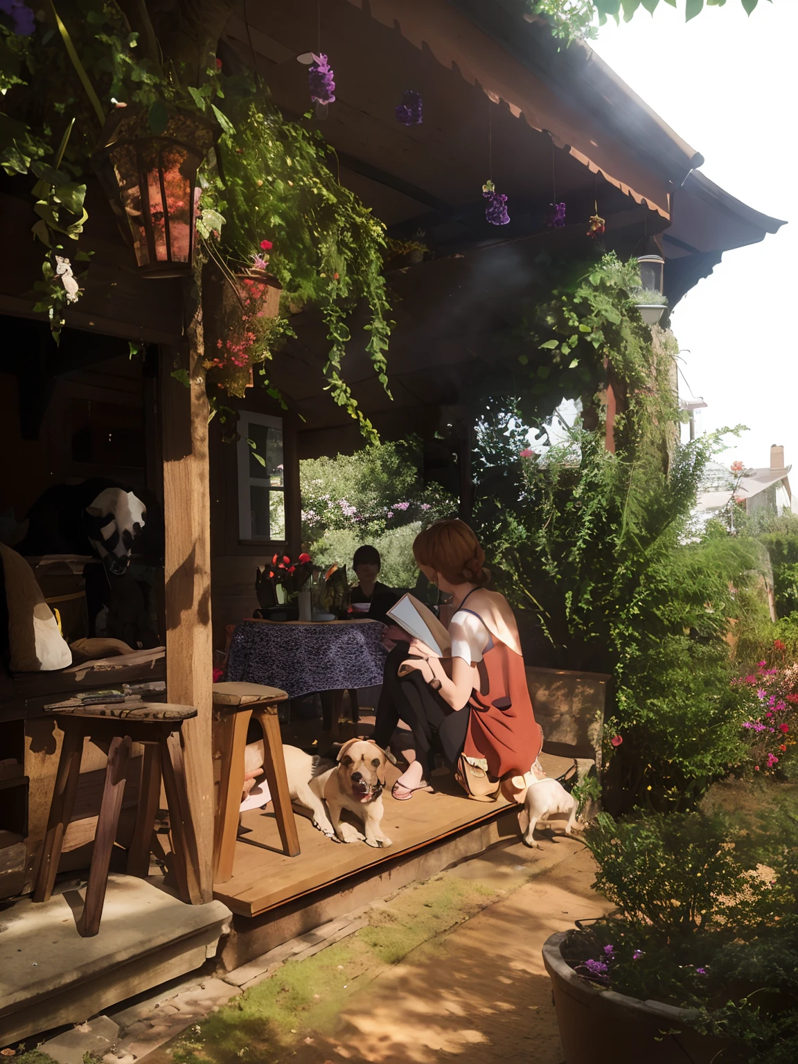 there is a woman sitting on a porch with a dog, with dogs, sitting in the garden, with ivy, with stray dogs, taken with sony alpha 9, cafe for felted animals, in the garden, on a sunny day, sunny day time, afternoon time, exclusive, in garden, summer afternoon, twice, my home, at the terrace