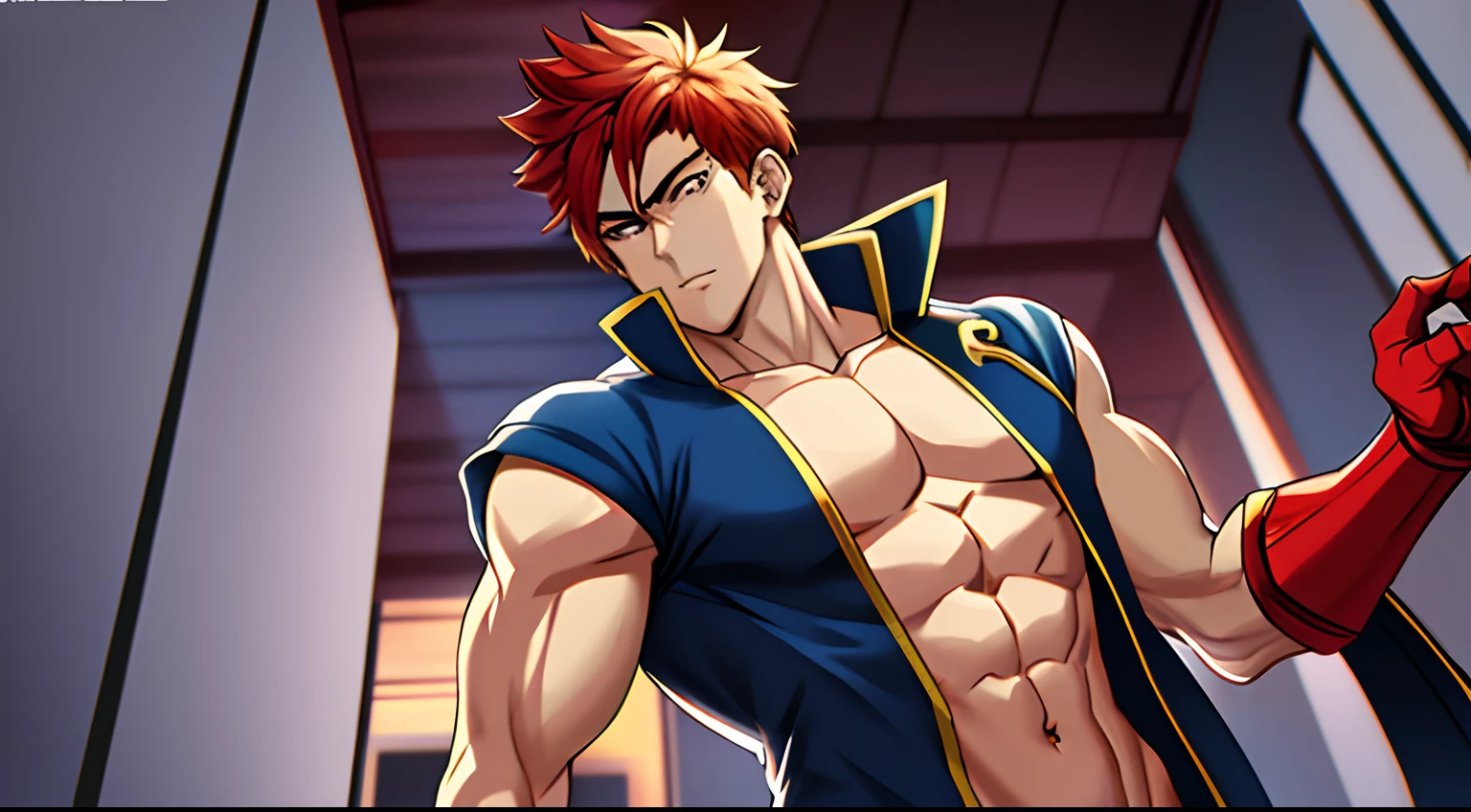 (anime style art,)extremely masculine muscular character,muscular,bodybuilder, huge bulge, smirk, erotic, catboy, high fashion, runway, catwalk