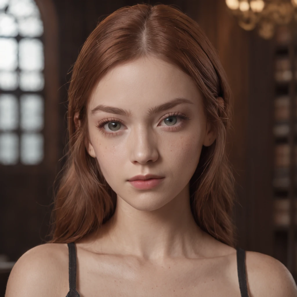20 year old Italian girl, Ginger tied hair, Beautiful eyes, And the perfect face, Rendered in a photorealistic style with sharp edges and vibrant atmosphere, Stand inside a dark library wearing a top tank shirt, Front view, pretty pose, Big lips,((One lady))、