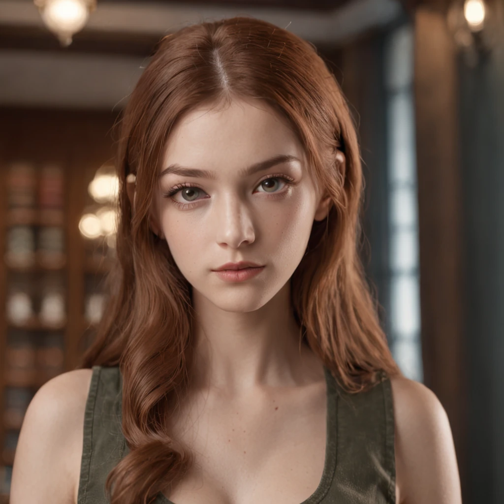 20 year old Italian girl, Ginger tied hair, Beautiful eyes, And the perfect face, Rendered in a photorealistic style with sharp edges and vibrant atmosphere, Stand inside a dark library wearing a top tank shirt, Front view, pretty pose, Big lips,((One lady))、