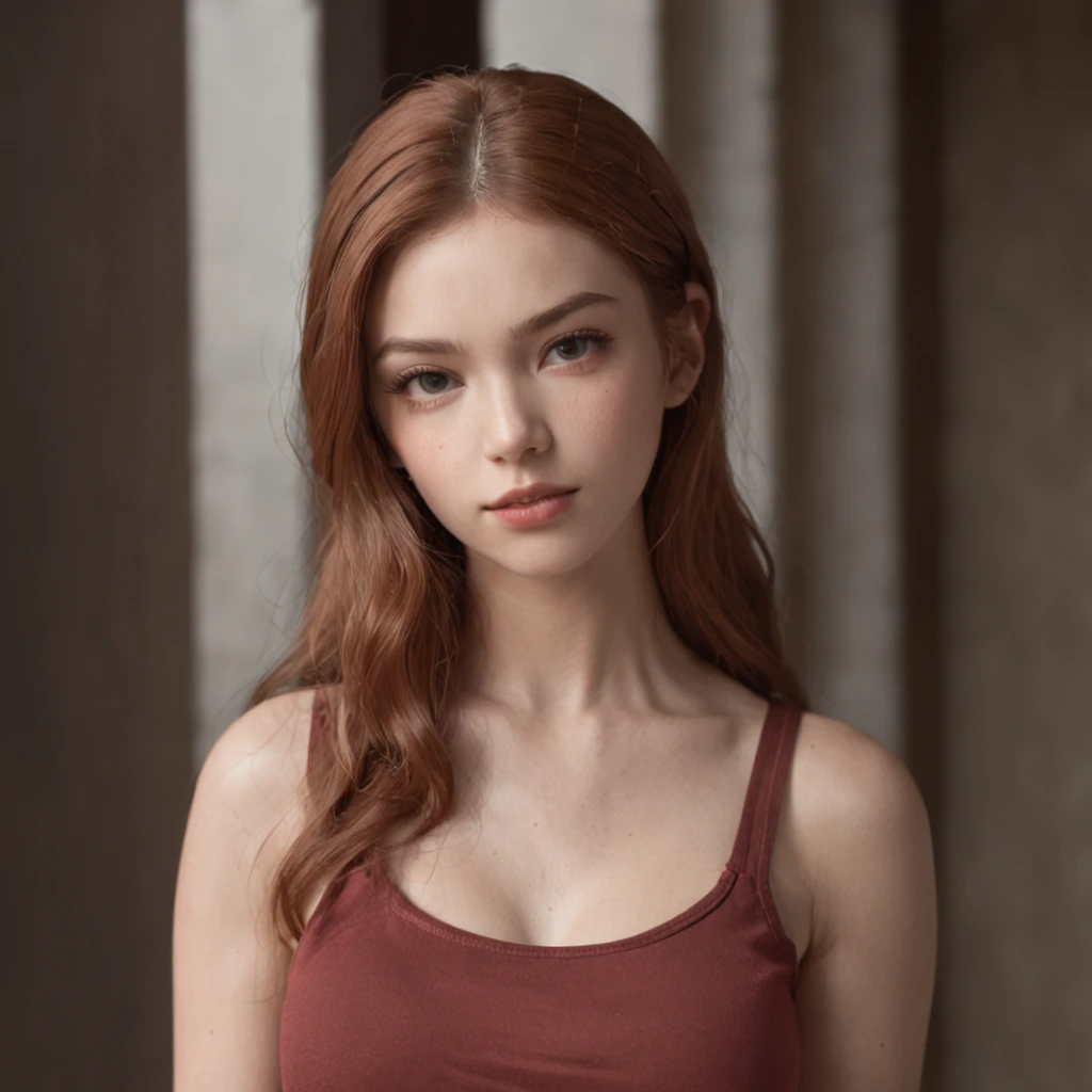 20 year old Italian girl, Ginger tied hair, Beautiful eyes, And the perfect face, Rendered in a photorealistic style with sharp edges and vibrant atmosphere, Stand inside a dark library wearing a top tank shirt, Front view, pretty pose, Big lips,((One lady))、