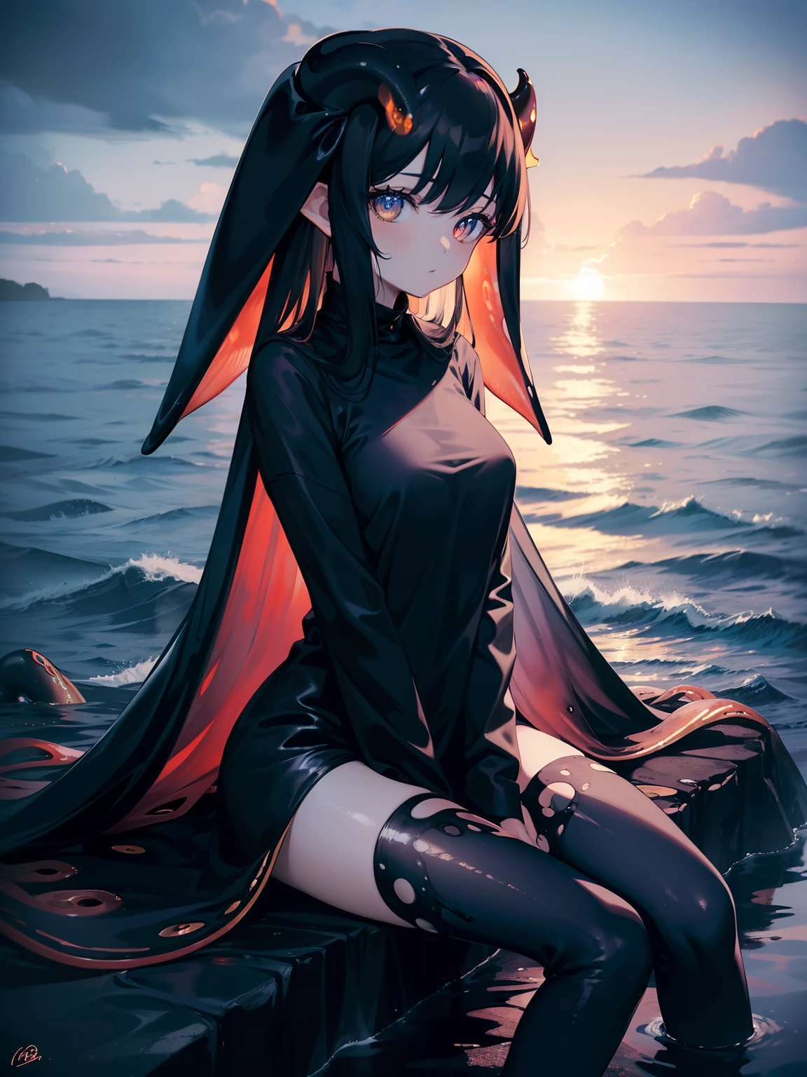 (Masterpiece, Best quality, ultra high resolution),1girl,black clothes, amber eyes, bright eyes,surrounded by tentacles, (squid girl), beautiful and detailed face , detailed eyes,sitting on a rock in the middle of the ocean,cloudy sky, fog, ocean