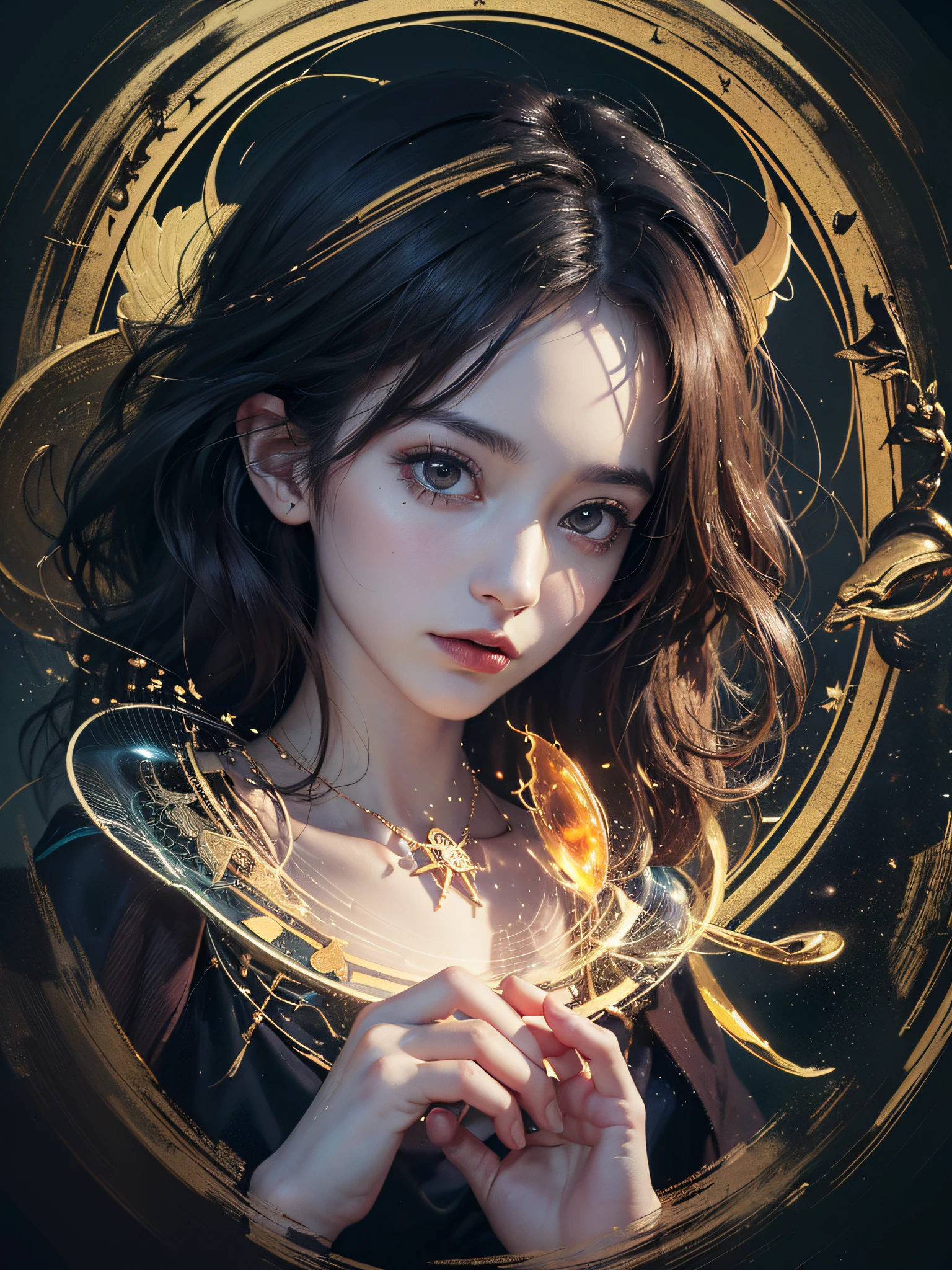 1girl, (witchcore, witchcraft, pagan, mystical, nature, occult) , magician, spell magic, magic circle, ((magic in hand)),(masterpiece, best quality:1.4),(absurdres, highres, ultra detailed:1.2),(using dark magic:1.4), imaginative overlays, artistic fusion,fantastical scenes, evocative narratives, striking visuals, upper body ，(((best quality))),(((ultra detailed))),(((masterpiece)))