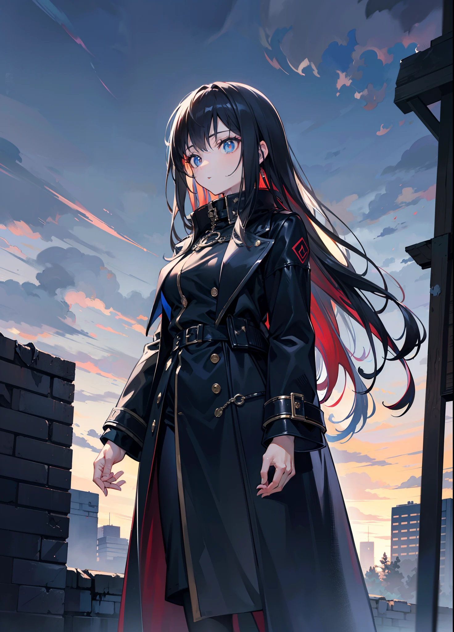(tmasterpiece,best qualtiy,style of anime,a sense of atmosphere，higher details，cg render，Standing painting，Ray traching，a sense of mystery，Dark wind，feeling of solitude，Screen bias)(brunette color hair，cabelos preto e longos，Black pupils，black greatcoat，Cover the whole body，Non-juveniles)（The background is a huge black space）
