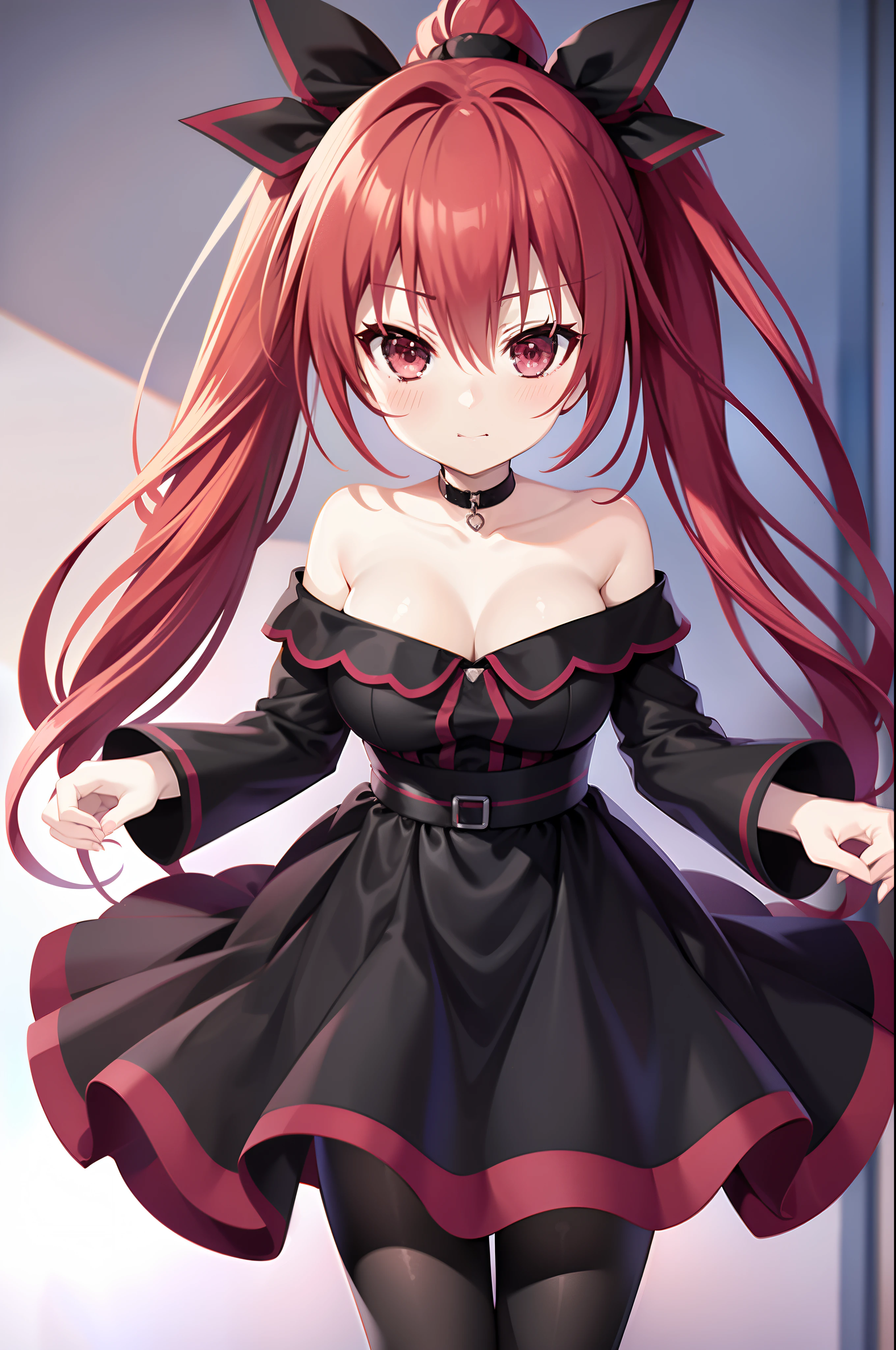 anime girl, alone, Red hair, ponytail, black female dress, erotic female dress, skirt, love look, pantyhose, big bust, cleavage