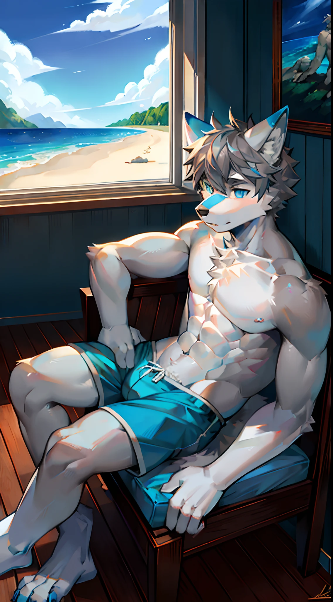 Single, Muscular, grey body, White belly, sitting sideways on the bay window, Looking out the window,Wolf ears, Wolf tail, frontage,Short hair,Sunshine,Blue pattern swim trunks,beach,Ocean,high qulity,blue color eyes,Gray hair,high qulity,sit on a bed,
