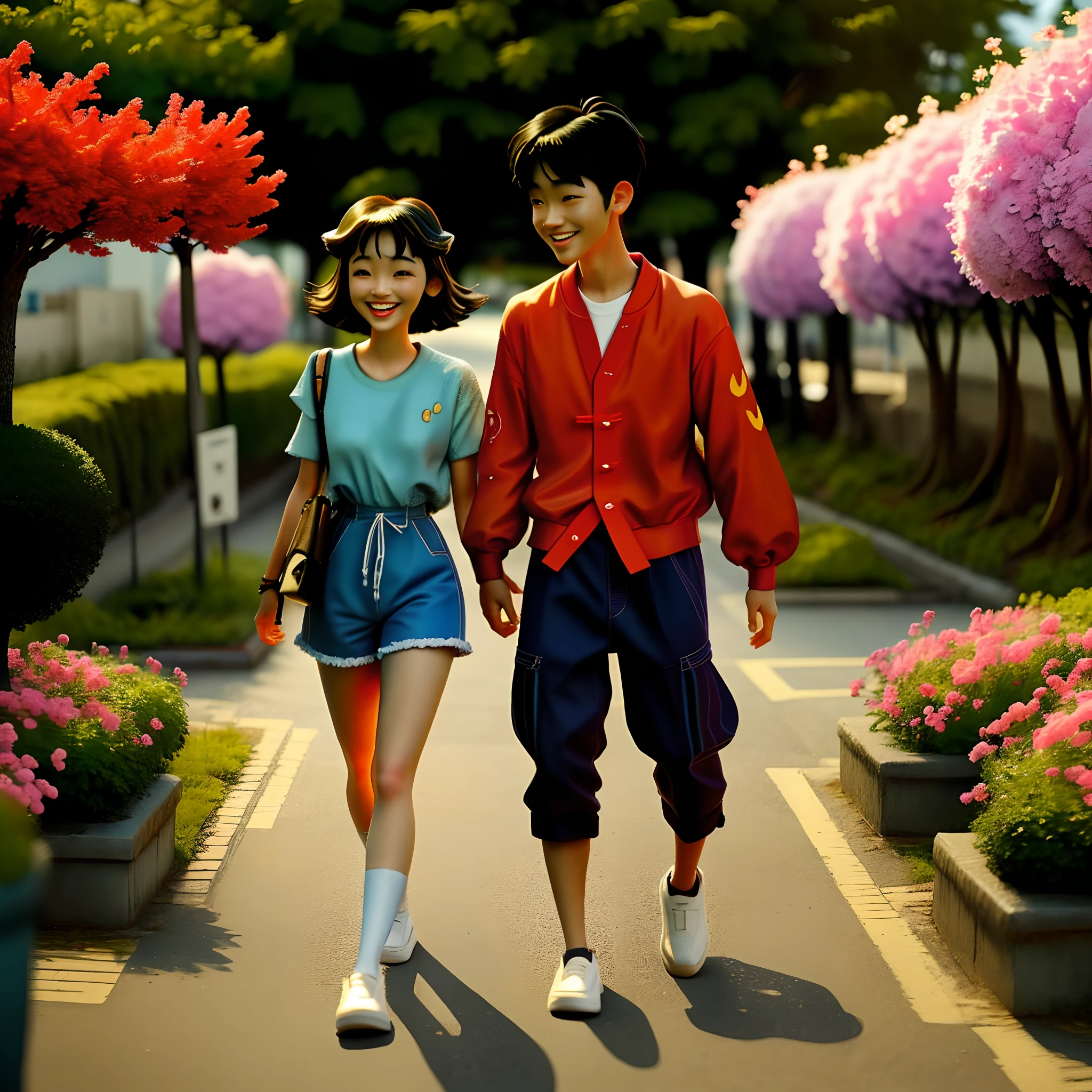 Two people: boy and girl，ssmile，Asian people，Pure love，Spring-Summer Background９0s style anime retro