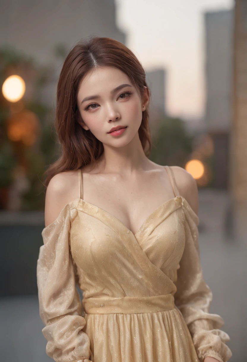 (Drez_Hairstyles:1.3),Woman posing for a photo, Vestido com roupas elegantes, Yellow dress, nice hand,4K, A high resolution, masutepiece, Best quality, Head:1.3,((Hasselblad Photo Grab)), Fine fine skin, Sharp focus, (Cinematic lighting), Night, Soft lighting, Dynamic Angle, [:(Detailed face:1.2):0.2],(((Futuristic city))),Super beauty、full body shot of、bustup、one-girl、Beautiful skins、Beautiful eyes、Clean both