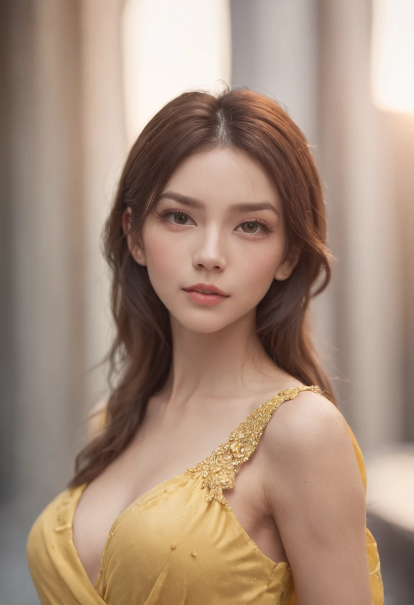 (Drez_Hairstyles:1.3),Woman posing for a photo, Vestido com roupas elegantes, Yellow dress, nice hand,4K, A high resolution, masutepiece, Best quality, Head:1.3,((Hasselblad Photo Grab)), Fine fine skin, Sharp focus, (Cinematic lighting), Night, Soft lighting, Dynamic Angle, [:(Detailed face:1.2):0.2],(((Futuristic city))),Super beauty、full body shot of、bustup、one-girl、Beautiful skins、Beautiful eyes、Clean both