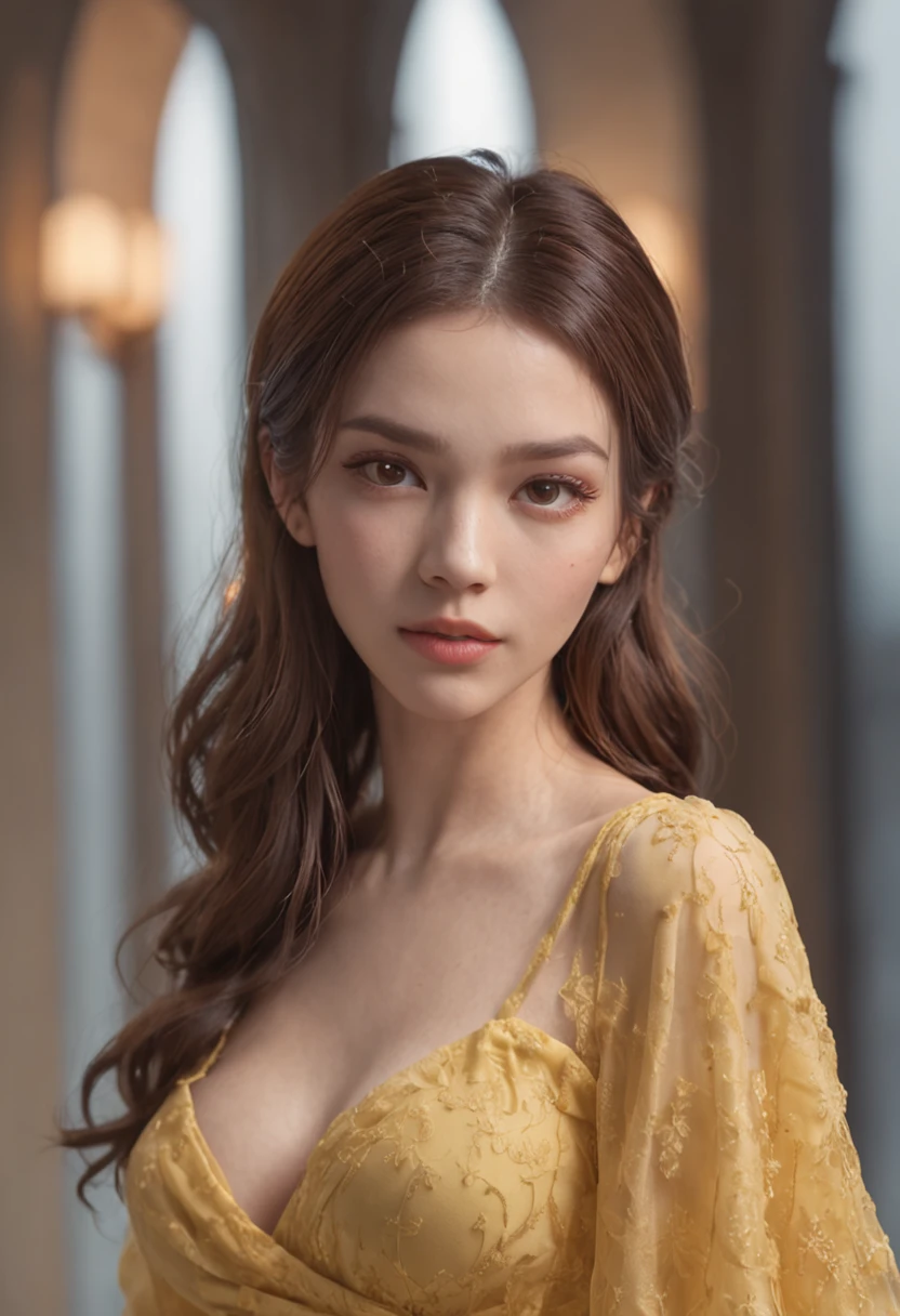 (Drez_Hairstyles:1.3),Woman posing for a photo, Vestido com roupas elegantes, Yellow dress, nice hand,4K, A high resolution, masutepiece, Best quality, Head:1.3,((Hasselblad Photo Grab)), Fine fine skin, Sharp focus, (Cinematic lighting), Night, Soft lighting, Dynamic Angle, [:(Detailed face:1.2):0.2],(((Futuristic city))),Super beauty、full body shot of、bustup、one-girl、Beautiful skins、Beautiful eyes、Clean both