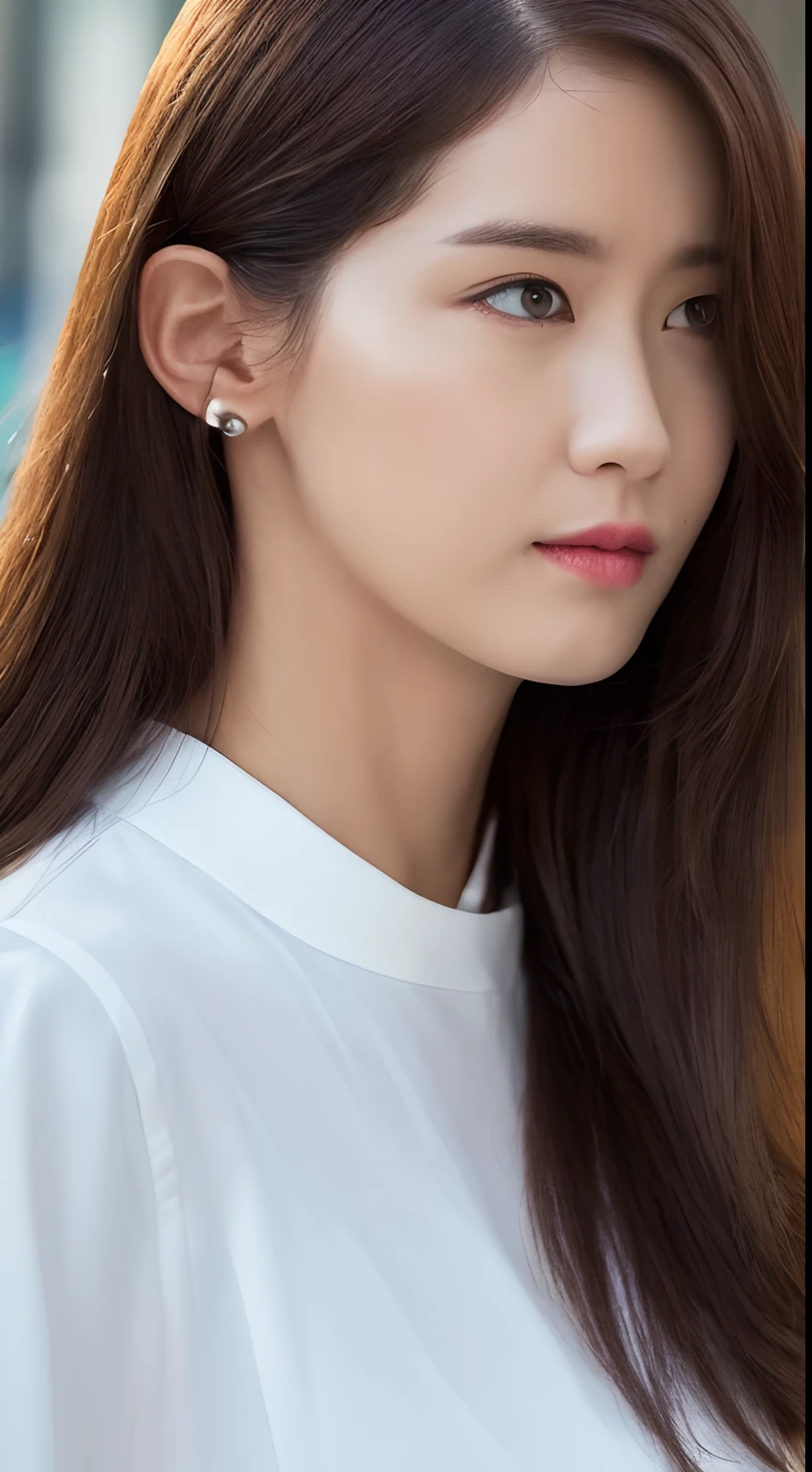 ((Best Quality, 8K, Masterpiece: 1.3)), Sharp: 1.2, Perfect Body Beauty: 1.4, Slim Abs: 1.2, ((Layered Hairstyle, Big Breasts: 1.2)), (Wet White Button Long Shirt: 1.1), (Rain, Street: 1.2), Wet: 1.5, Highly detailed face and skin texture, detailed eyes, double eyelids, side face looking at the camera