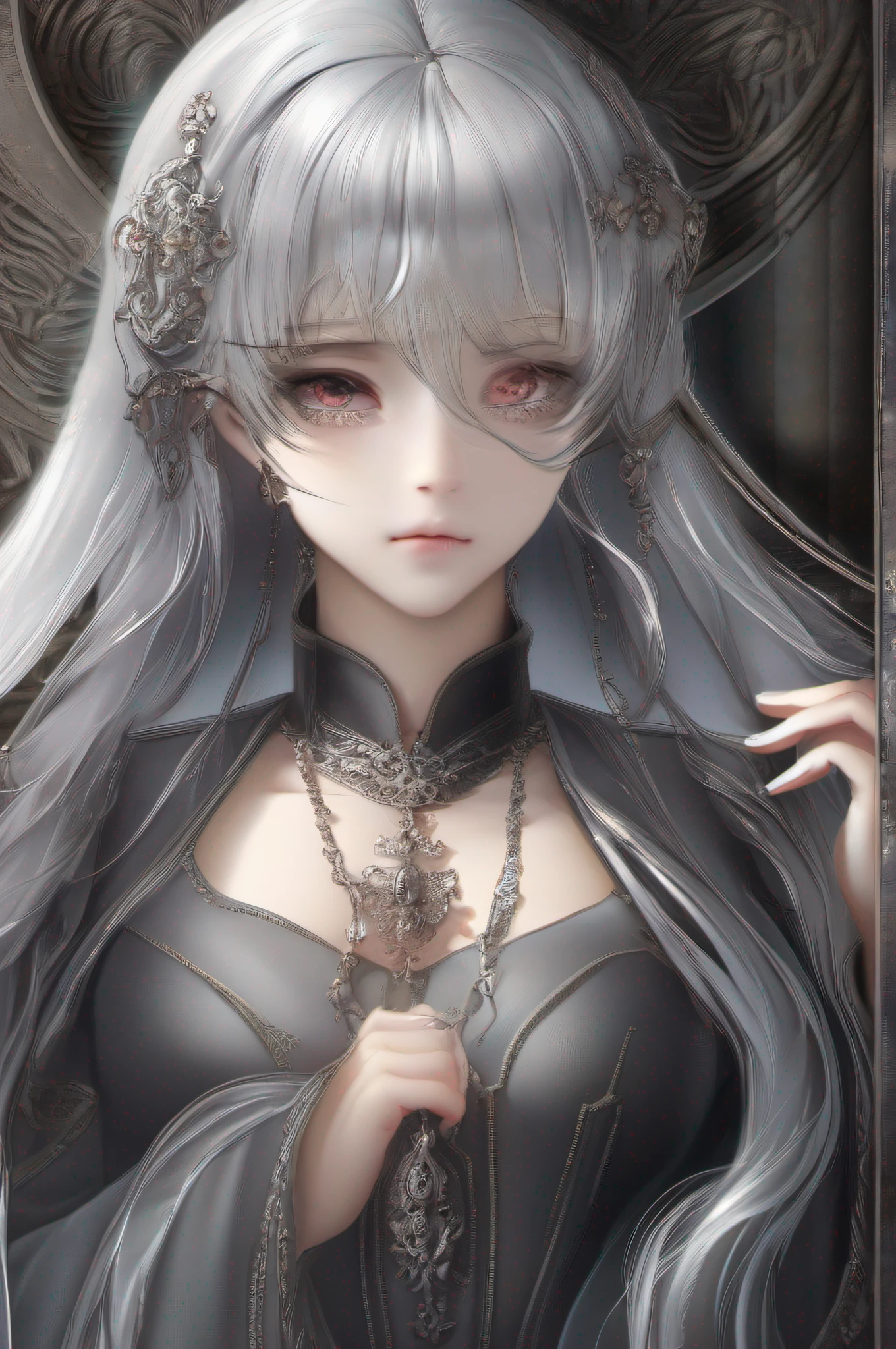 Silver hair, chies,lewd nun, hime-cut, The black eye cloth covers the eyes,, Moles under the mouth,  Earrings, Pointy ears, worried, Tired, Lonely, Evil, Gothic art, Mannerism, classicism, Chiaroscuro, god light, Vignetting, hyper HD, Textured skin, High details, High quality, Best quality, Super detail, A high resolution