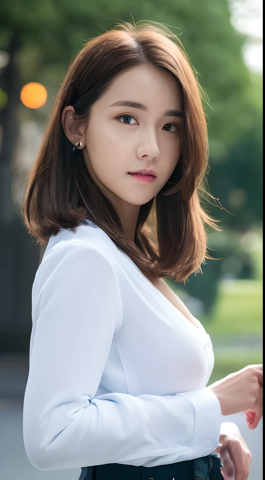 ((Best Quality, 8K, Masterpiece: 1.3)), Sharp: 1.2, Perfect Body Beauty: 1.4, Slim Abs: 1.2, ((Layered Hairstyle, Big Breasts: 1.2)), (Wet White Button Long Shirt: 1.1), (Rain, Street: 1.2), Wet: 1.5, Highly detailed face and skin texture, detailed eyes, double eyelids, side face looking at the camera
