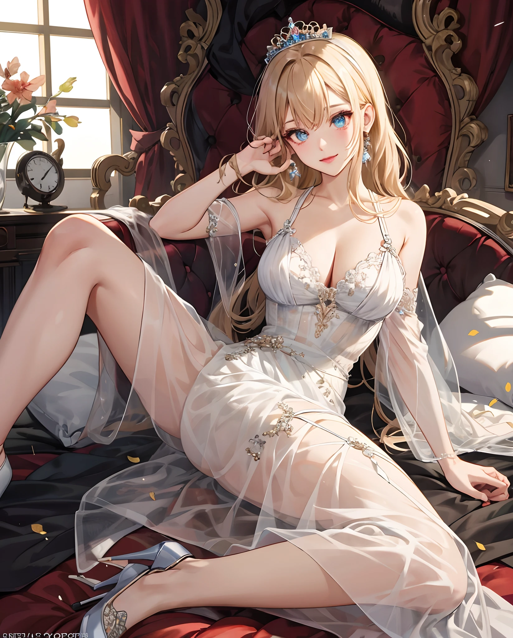 ulzzang-6500-v1.1, (RAW photogr:1.2), (realisticlying:1.4), Beautiful Meticulous Girl, Very detailed eyes and face, Beautiful fine eyes, ultra - detailed, A high resolution, The is very detailed, Best quality at best, tmasterpiece, ((A princess))), (Sexy long dress)), ((Cleavage is seductive)), ((see_through)), ((cleanness)), ((g_string)), ((Complicated details)), beautiful detailed fullbody, ((see_through_nipple:1.2)), ((Imperial bedroom)), ((bare_breast)),Succubus tattoo