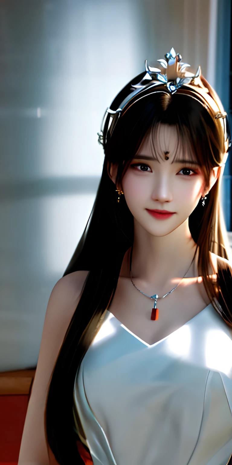 Best quality, masterpiece, high resolution, 1girl, clear silk porcelain dress, beautiful face, hair accessories, looking at the audience, smiling, close your mouth, lips, dress, hair accessories, necklaces, jewelry, long hair, earrings, beautiful face, on the body, Tindal effect, realism, dark studio, edge lighting, two-tone lighting, (high detail skin: 1.2), 8k UHD, DSLR, soft light, high quality, volumetric lighting, photo, high resolution 4K, 8k, blurred background
