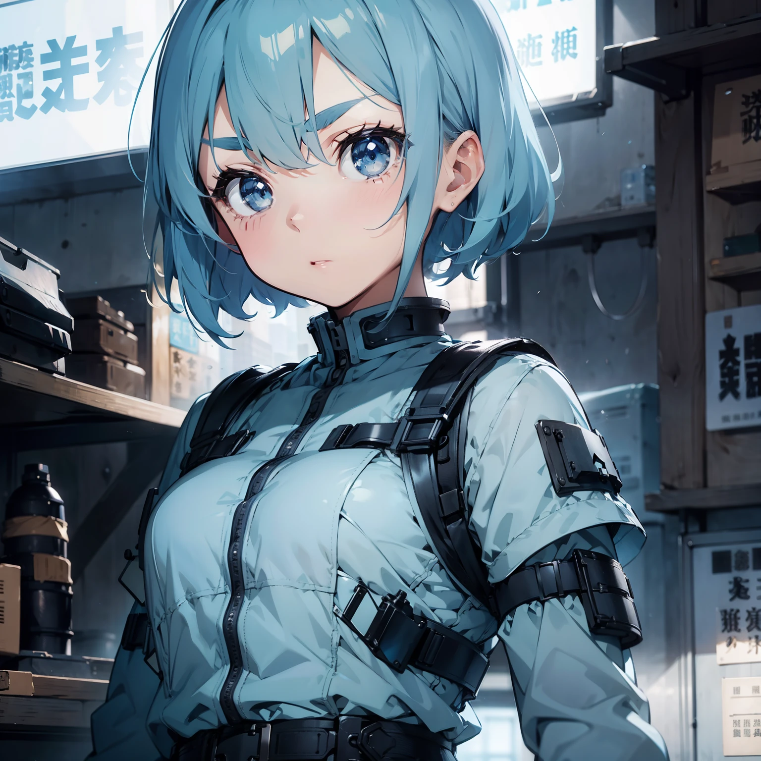 Beautiful short light blue hair girl、Forehead、Sharp Eyebrows、big eye、Dark eyelashes、bulletproof vest、helmets、rifle、tank、（highestdetailed）、（Top image quality）、（​masterpiece）