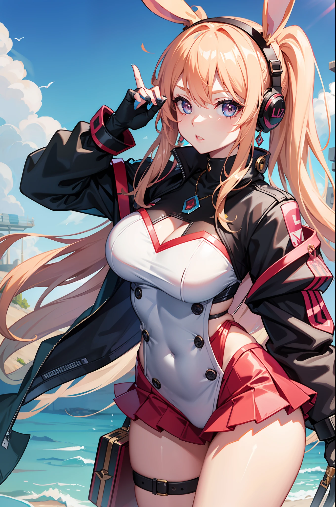 league of legend Battle Bunny Miss Fortune, future style wind breaker and battle suit, bunny ear, mini skirt, gem tie, super long brown pony tail hair style, future earphone, face sticker, ribbon on hand, earrings, necklace, bright brown pupil, idol aura, future style charming effect, game CG quality, masterpiece, perfect body shape, standing on a tower background, holding twin handgun