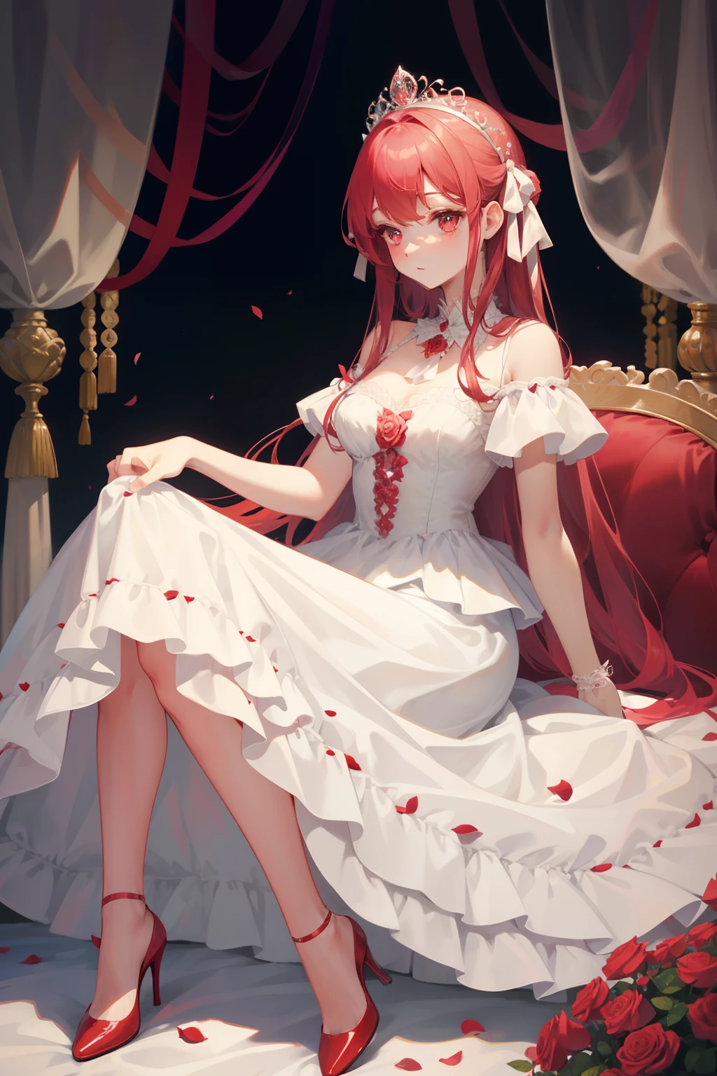 An 18th century princess,Off-the-shoulder dress with white taffeta,Roman shoes with high heels,Soft and smooth red hair、Rounded forehead、Long eyelashes、Deep rose red eyes、Swan-like neck、Clear butterfly bone、Delicate and gentle skin、Exquisite calves、Slender ankles、long slim figure,Evenly stopped flesh and bones,Mental age is younger than appearance,Like a well-behaved cat
