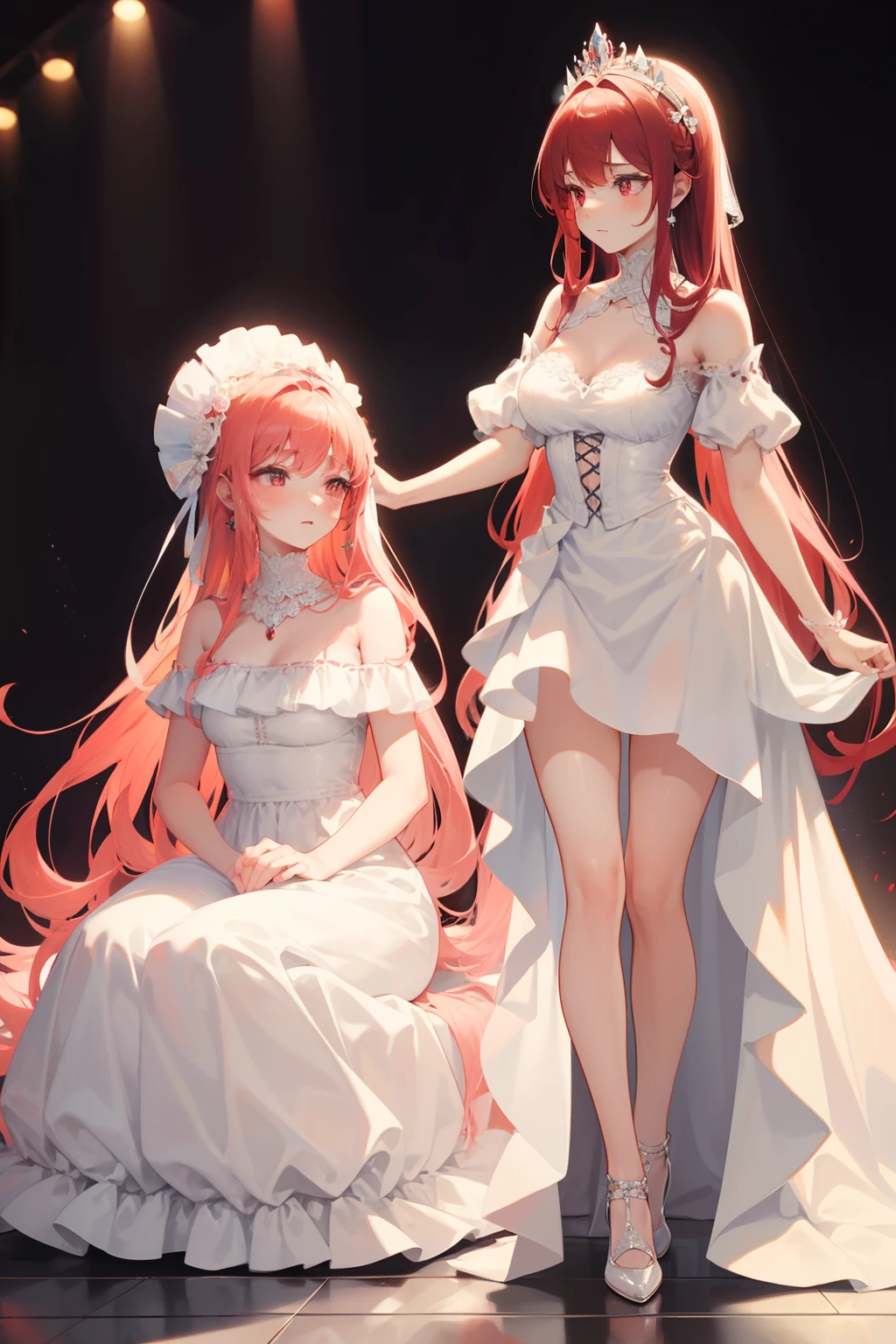 ((masterpiece)), the highest quality, ultra-fine CG 8K wallpaper, magnificent and dynamic perspective, (3 people) | Lihui (2 people), pure white [skirt + various small items: 1.2], slightly dressed Beautiful off-shoulder hairstyle, earrings, necklace, exquisite eye makeup, long hair with smooth color, (beautiful + cool) blue|purple|(orange|red|pink): 1.2 hair, delicate red lips, ( Exquisite + full of charm): (Character A)|Beauty B|Girl C|Couple in a different world in the city, flowering plants, beautiful palaces, (relief + traditional) patterns, extreme details, gorgeous scenes, gorgeous colors, Exquisite texture, delicate light and shadow.