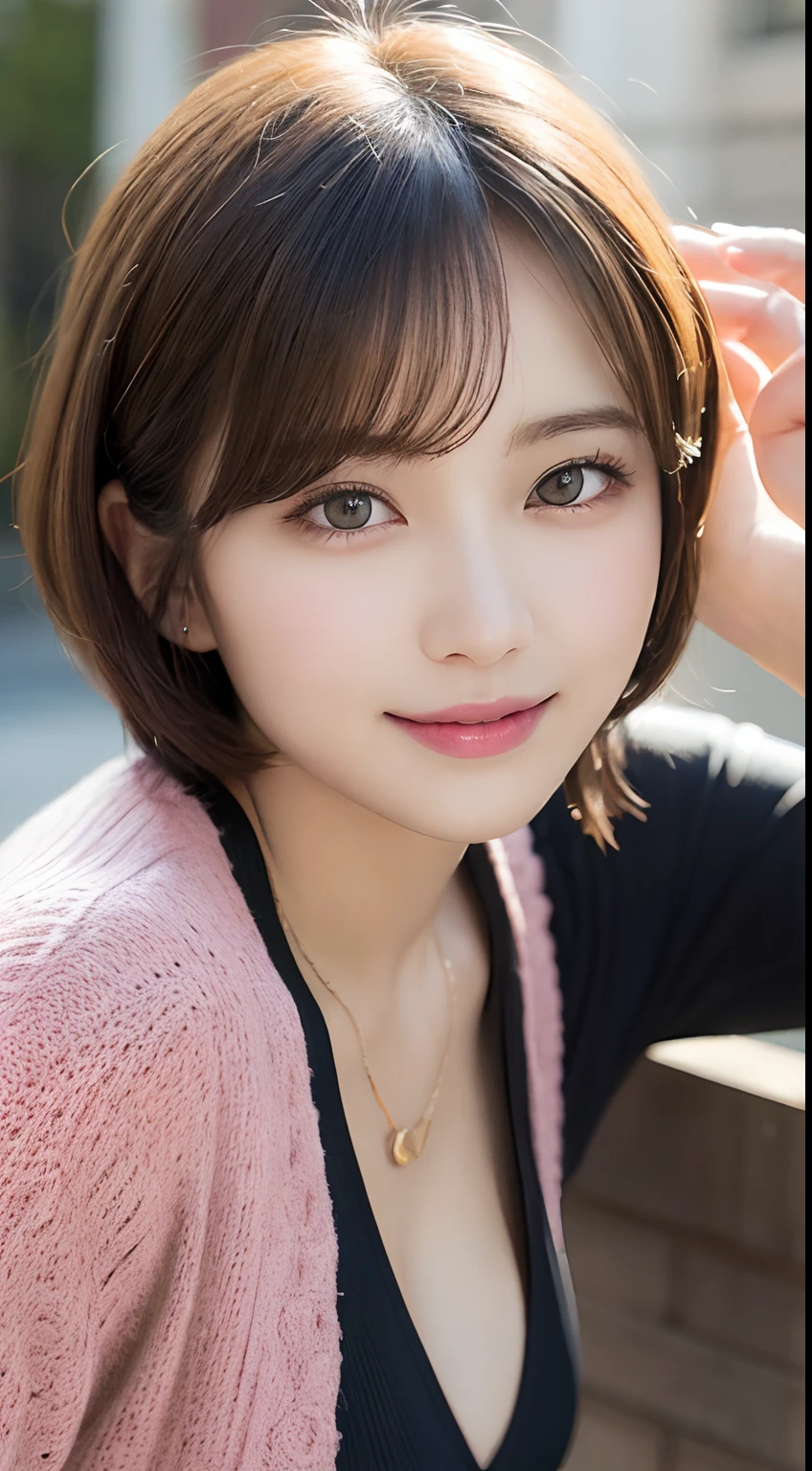 masutepiece, Best Quality, Illustration, Ultra-detailed, finely detail, hight resolution, 8K Wallpaper, Perfect dynamic composition, Beautiful detailed eyes, Women's Fashion,Very short hair,Small breasts natural color lip, Bold sexy poses,Smile,Harajuku、20 years girl、Cute、Sexy shot looking at camera
