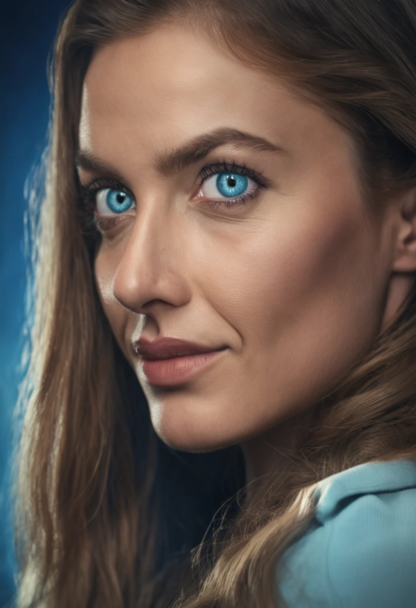 there is a real woman, ponytail hair, realistic blue eyes, almond-shaped eyes, smiling, one little mole above upper lip, beautiful face, looking directly to the camera, headshot, cinematic lighting, depth of field, bokeh, realism, real photo, hyperrealism, professional photography, uhd, dslr, hdr
