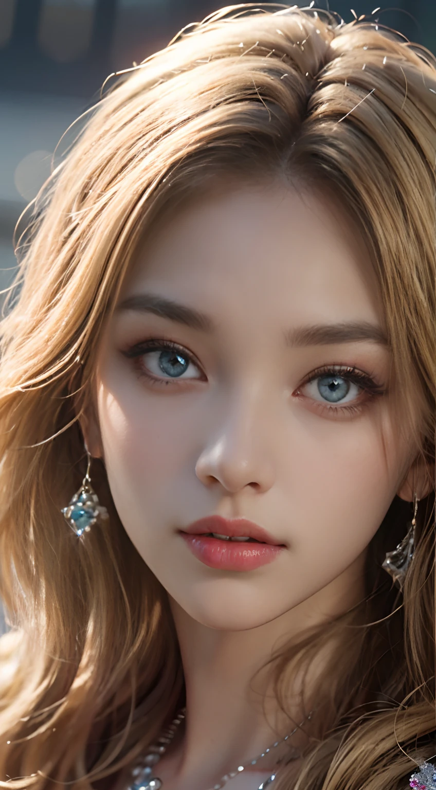 Very beautiful princess bright eyes crystal eyes blond hair jewlery super detailed hyper realistic super detailed hyper realistic face portrait
