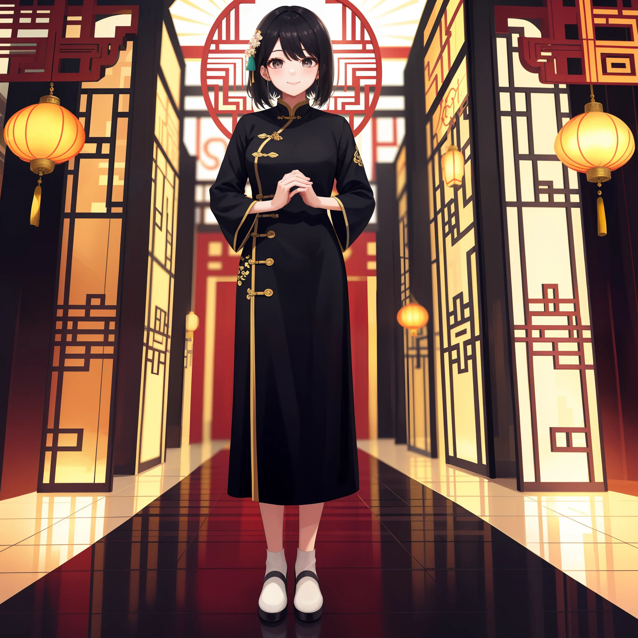Chinese architecture，1womanl，standing on your feet，Black hair，黑The eye，ssmile