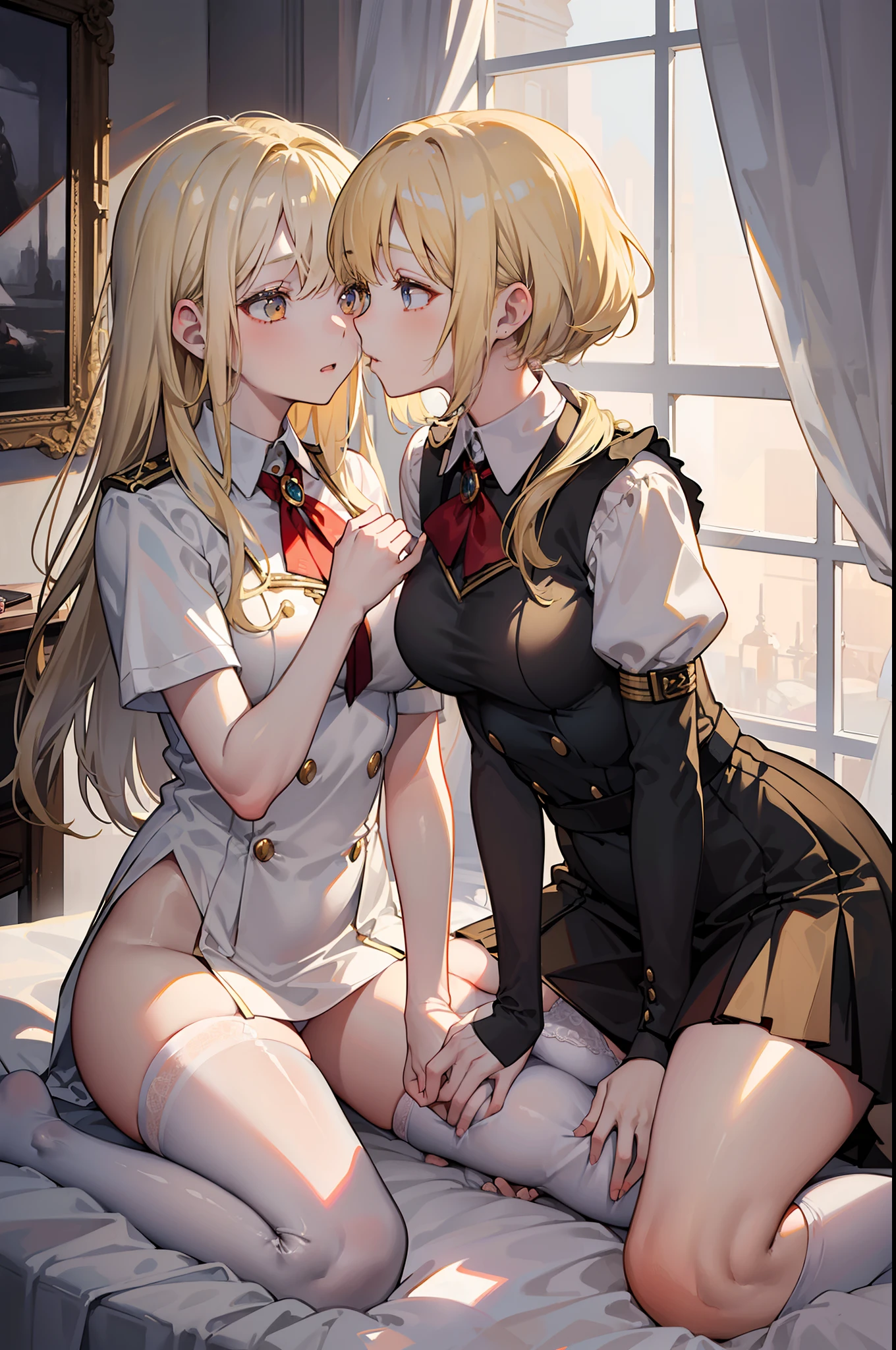 NSFW,(master piece:1.2),Best Quality,2 girls,lilie,lesbian,Light kissing,Relatives,Dear Affection,(Blonde and White hair:1.2), Woman in magic school uniform, art photography, Soft light, , Cleanliness,((Intimate, but not tight)), Magic School Uniform, a closeup