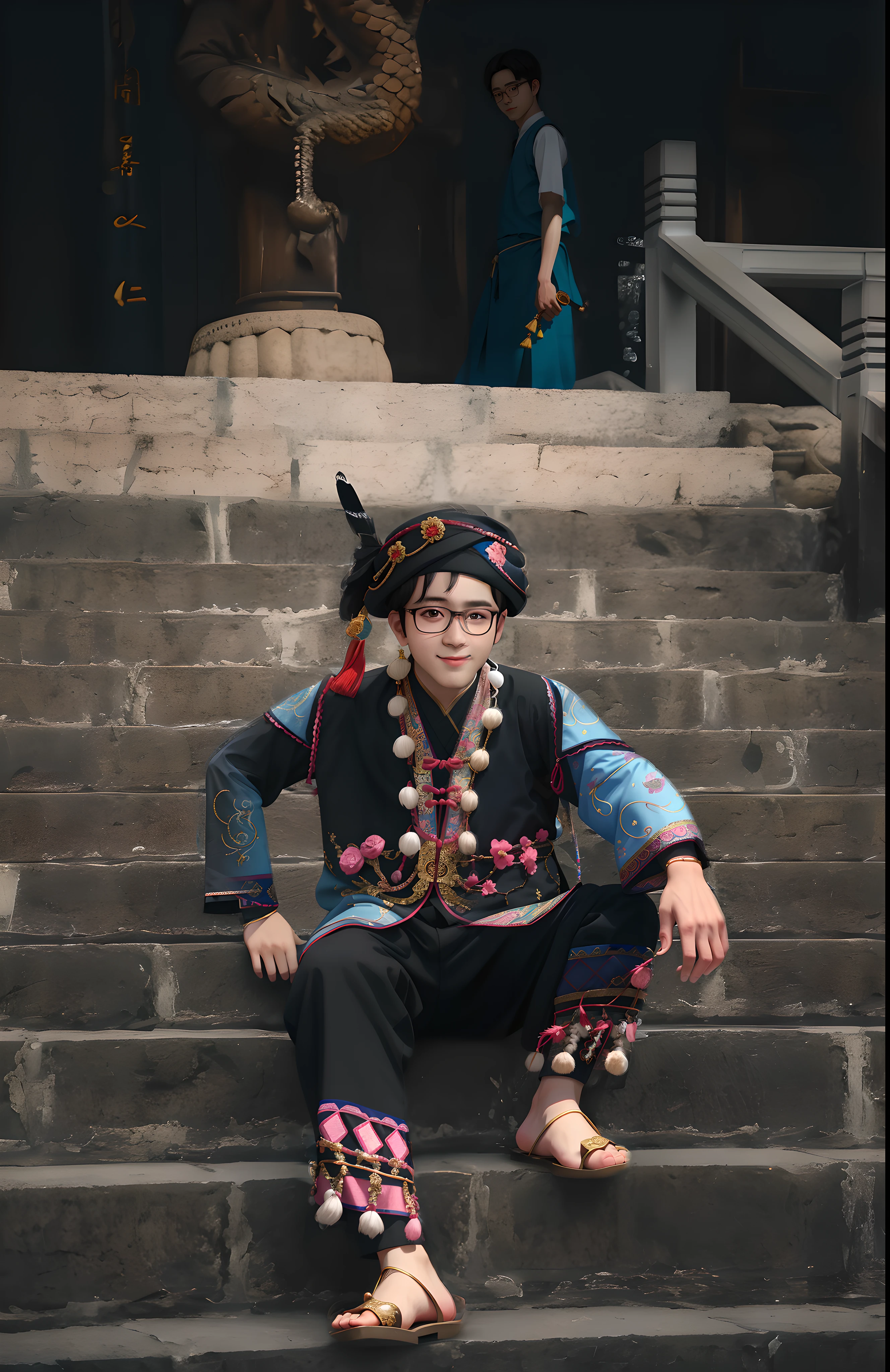 1 glasses boy，Wear traditional clothing，ssmile，real photograph，（tmasterpiece：1.3），超高分辨率，8K，Works of masters，Nikon D850 shot，