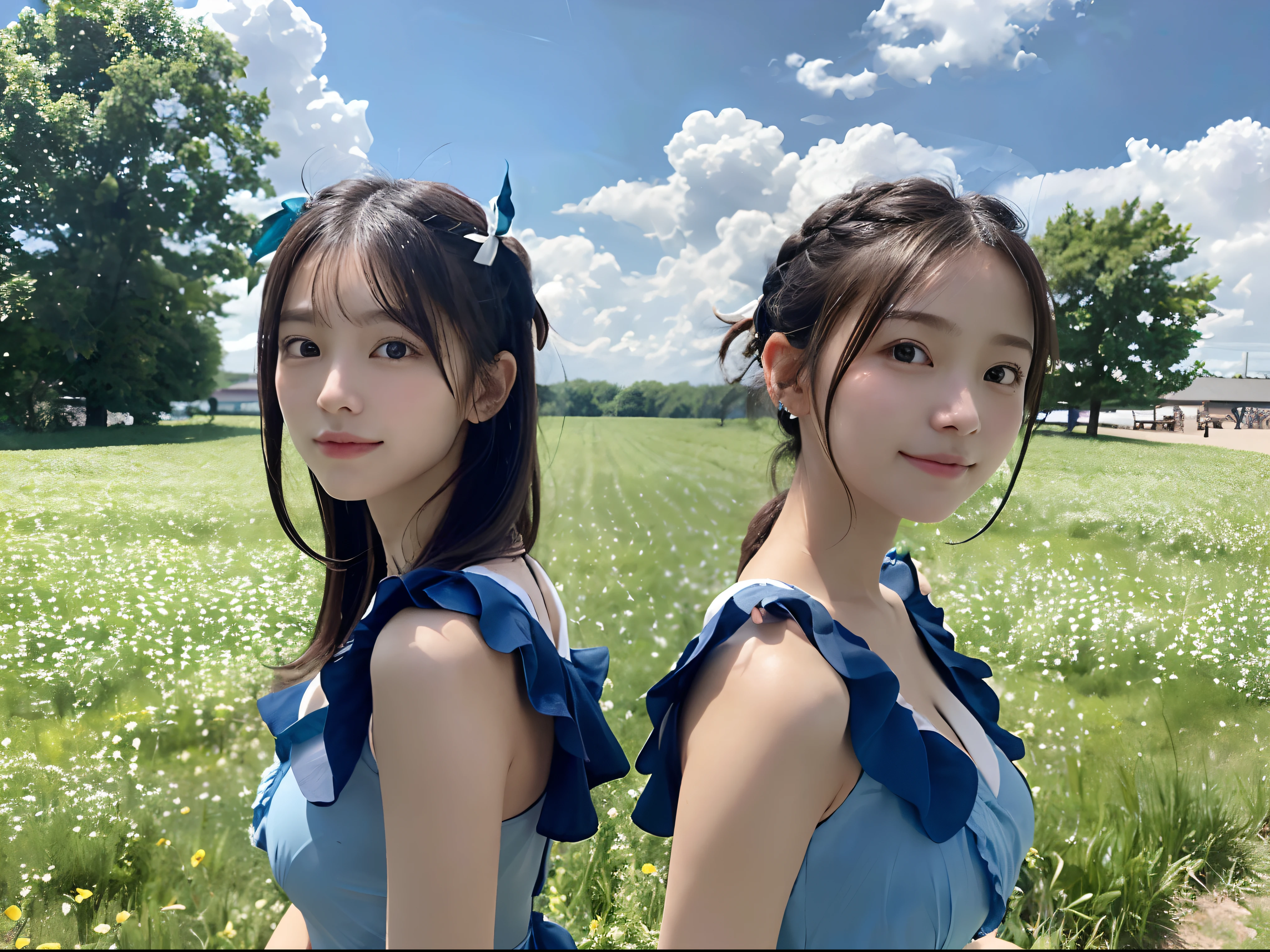 (Close up portrait of one girl with slender small breasts with twin-tailed hair in blue ruffled dress:1.5)、(Girl looking at camera from behind:1.3)、(Green meadow with blue sky and white clouds floating:1.3)、(Perfect Anatomy:1.3)、(complete hands:1.3)、(complete fingers:1.3)、Photorealsitic、Raw photography、masutepiece、top-quality、hight resolution、delicate and pretty、face perfect、Beautiful detailed eyes、Fair skin、Real Human Skin、pores、((thin legs))、(Dark hair)
