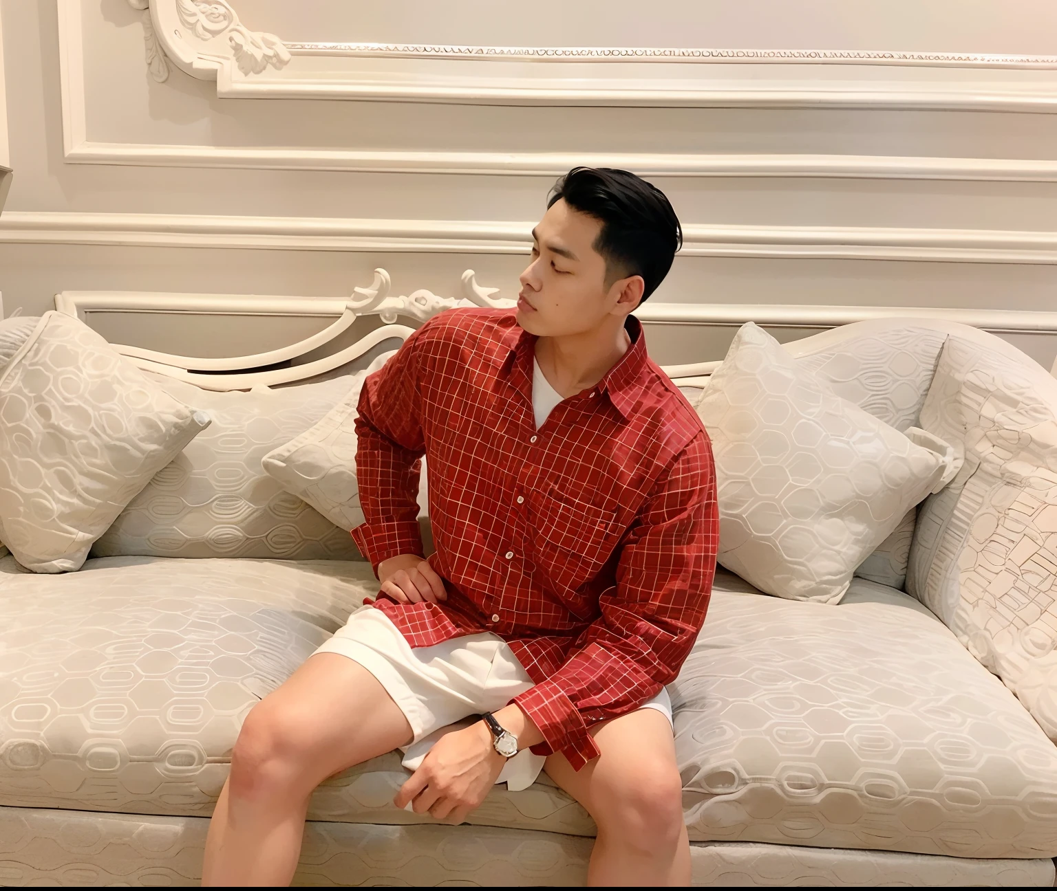 there is a man sitting on a couch with a red shirt, young man with short, 🦩🪐🐞👩🏻🦳, hyung tae, instagram post, 👰 🏇 ❌ 🍃, 🤬 🤮 💕 🎀, wearing in shirt, yanjun chengt, red shirt, in style of thawan duchanee, 🚿🗝📝