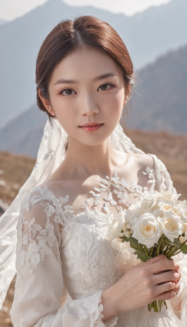 An 18-year-old Chinese girl,Plain smile,Wearing a white wedding dress,Holding white flowers in his hand,The ground is covered with flowers。The background is snow-capped mountains and the sun shining,She is facing the camera,The shooting angle is a half-length photo,A 20mm lens was used,She is slender。