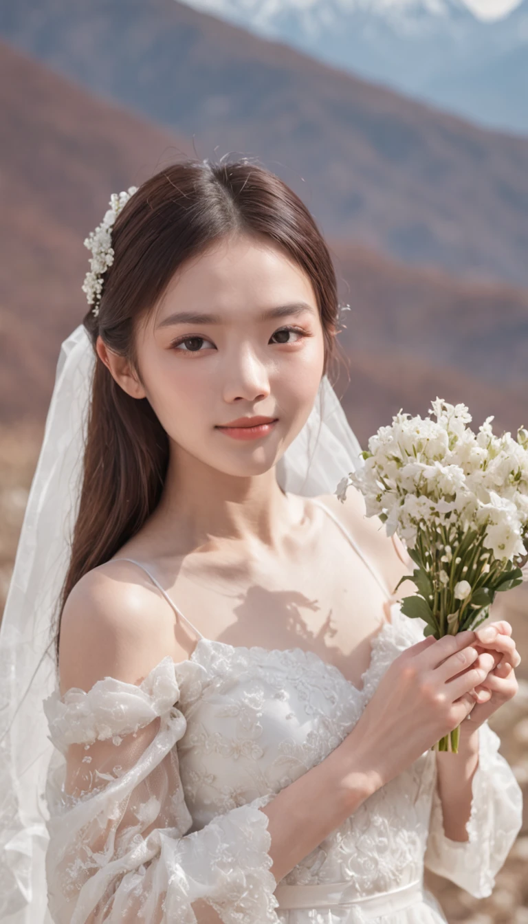 An 18-year-old Chinese girl,Plain smile,Wearing a white wedding dress,Holding white flowers in his hand,The ground is covered with flowers。The background is snow-capped mountains and the sun shining,She is facing the camera,The shooting angle is a half-length photo,A 20mm lens was used,She is slender。