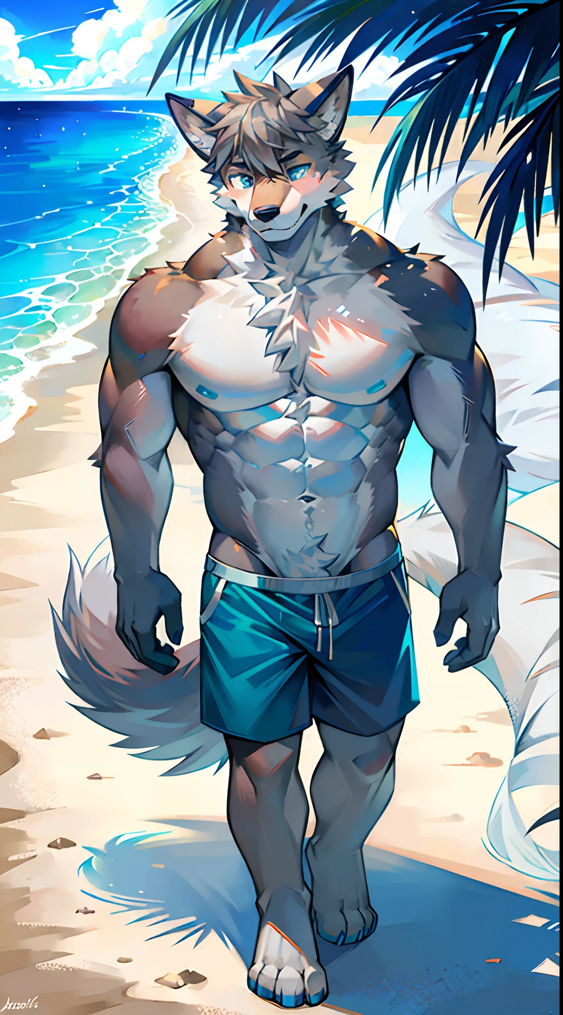 Furry, Black fur, anime, boy, without clothes, on the beach, erect penis, facing the screen, naughty expression