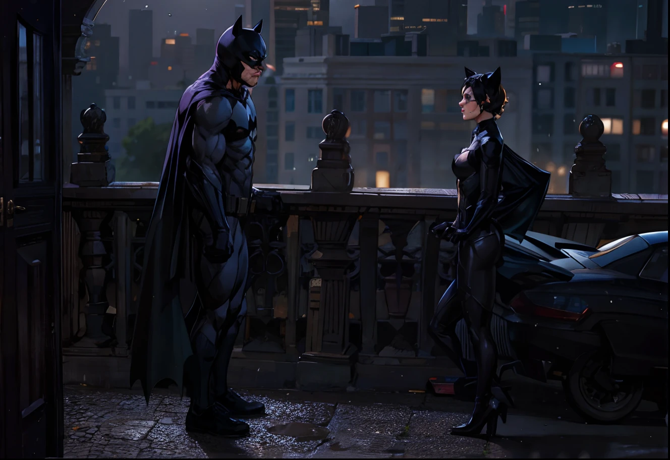 harley quinn, classic red and black batman suit, skintight suit, blush, tone body, athletic body, wide hips, rooftop, roof, white face, blue eyes, red lips, black harliquin mask, baseball bat, night time, red and blue lights shine on her, gotham at night background , she is fighting Batman, she is swining her bat. Batman ???? keaton cotume